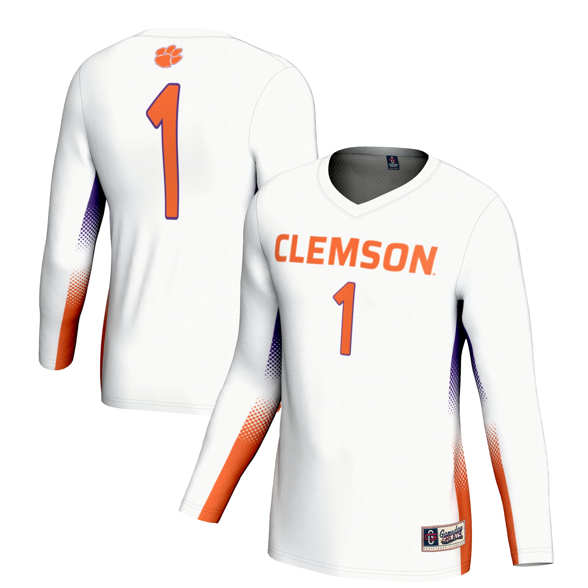 #1 Clemson Tigers Youth Lightweight Women's Volleyball Jersey White - front and back view