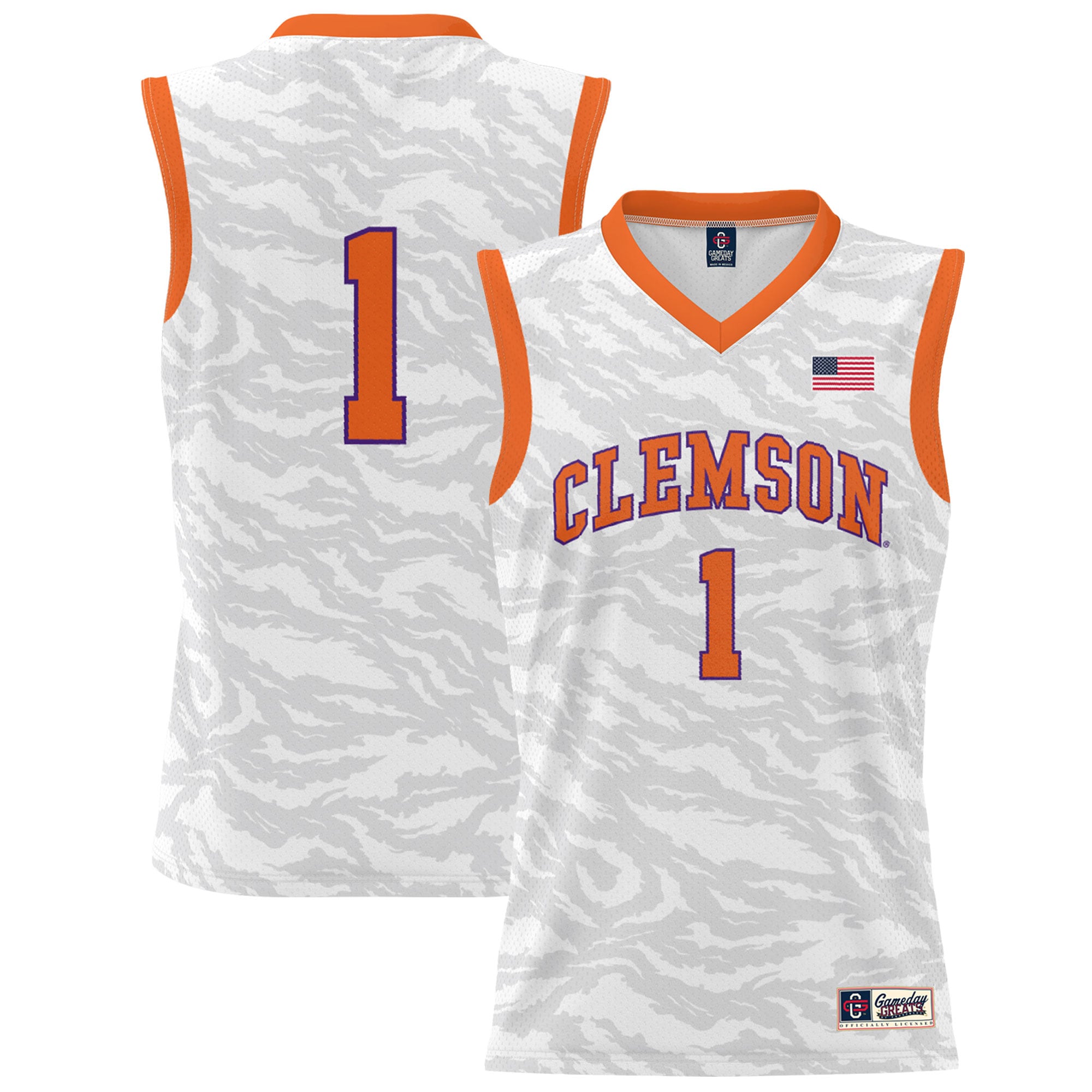 #1 Clemson Tigers Youth Tiger Print Lightweight Basketball Jersey White - front and back view