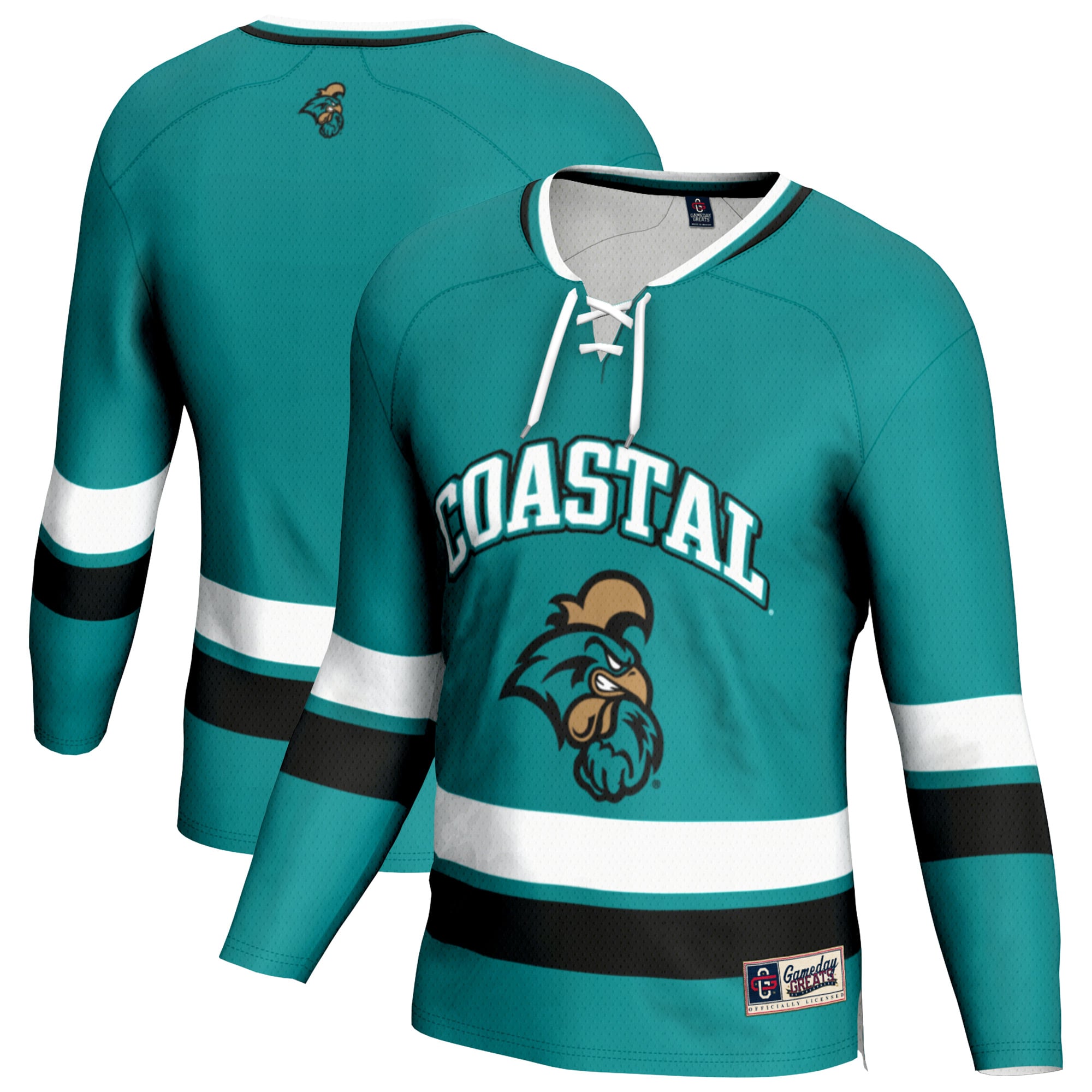 Coastal Carolina Chanticleers Youth Hockey Jersey Teal - front and back view