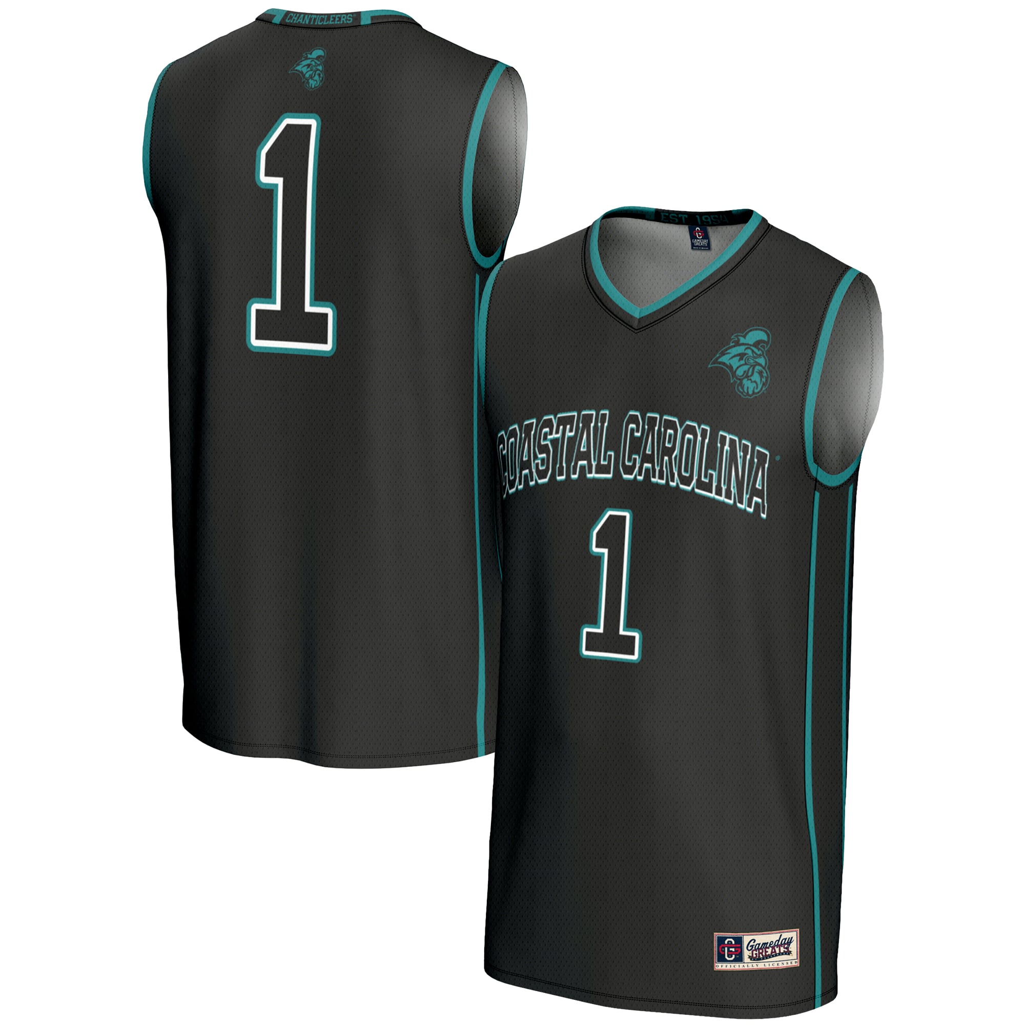 #1 Coastal Carolina Chanticleers Unisex Lightweight Basketball Jersey Black - front and back view
