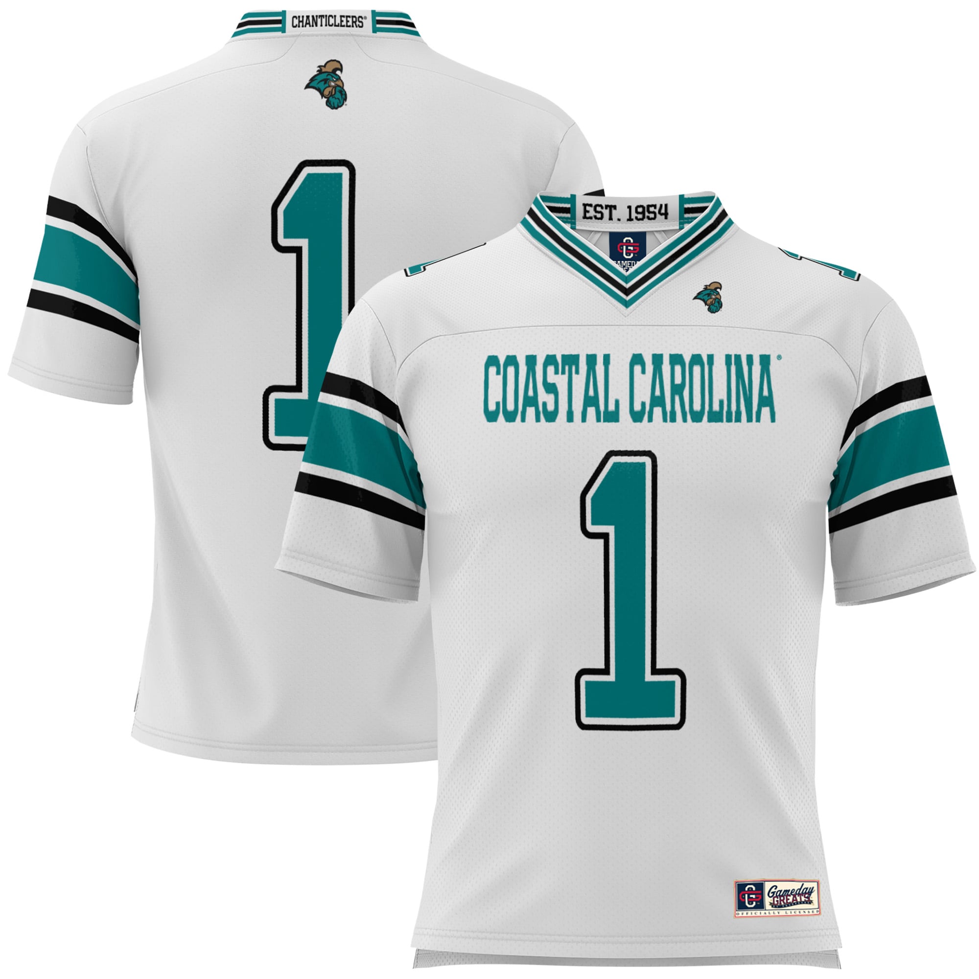 #1 Coastal Carolina Chanticleers Youth Football Jersey White - front and back view