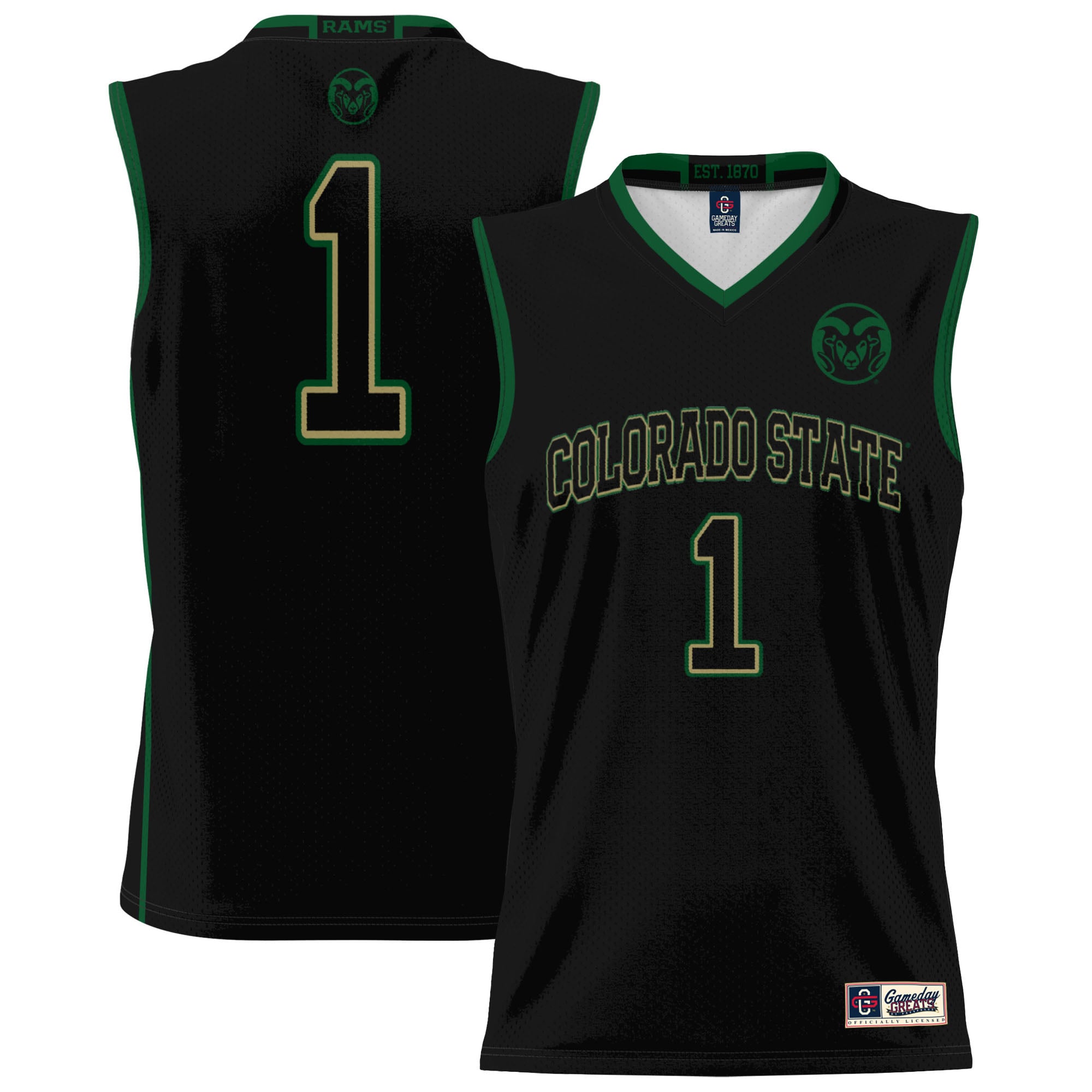 #1 Colorado State Rams Unisex Lightweight Basketball Jersey Black - front and back view