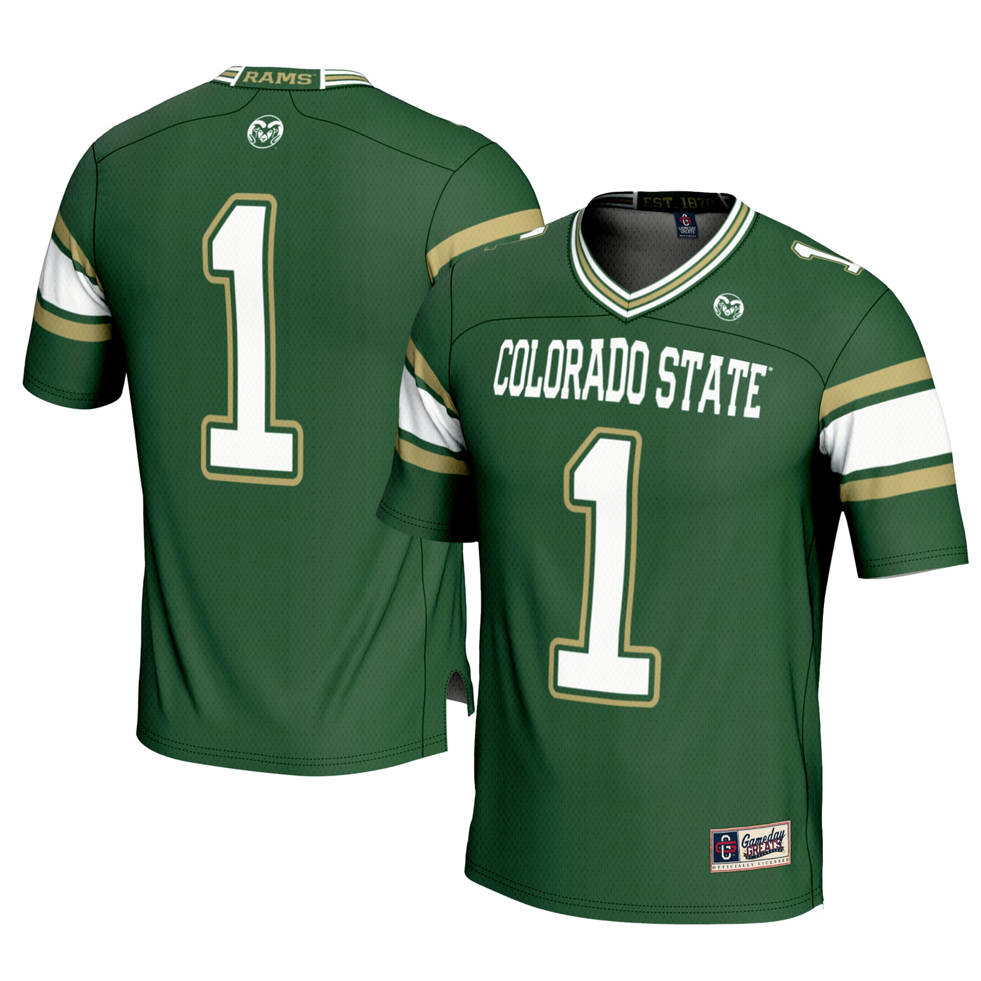 #1 Colorado State Rams Youth Football Jersey Green - front and back view