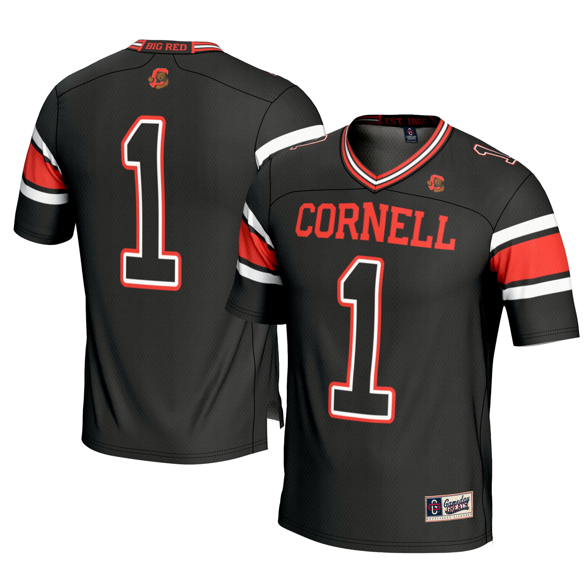 #1 Cornell Big Red Football Jersey Black - front and back view