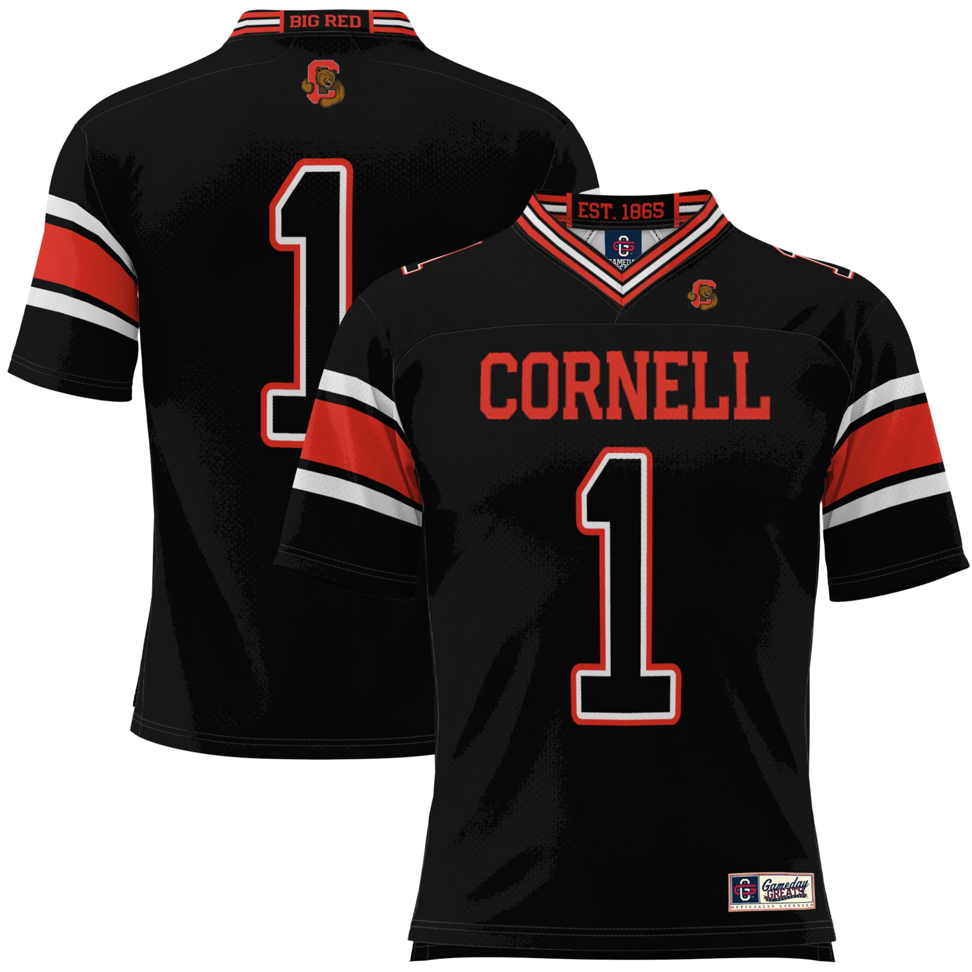 #1 Cornell Big Red Youth Football Jersey Black - front and back view