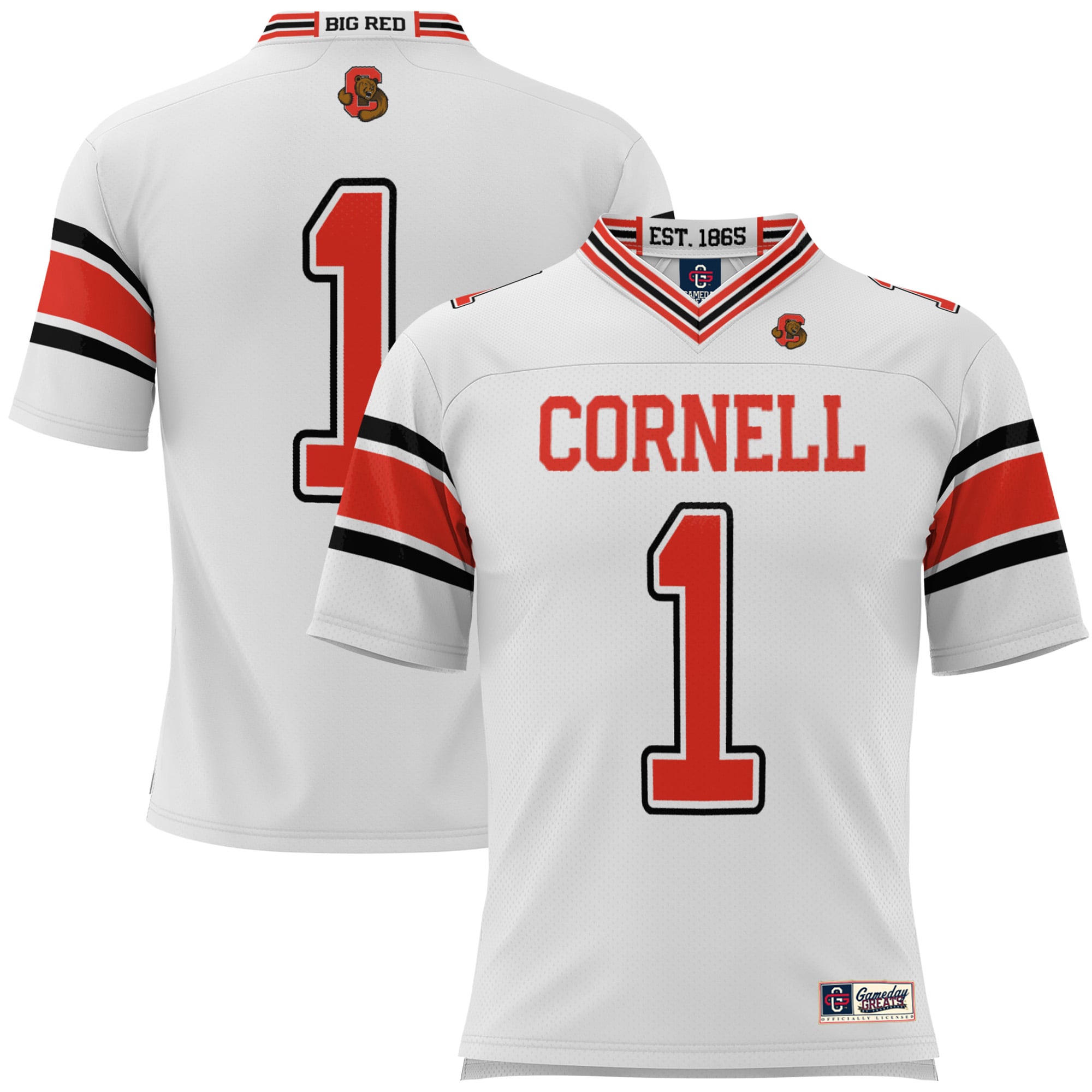 #1 Cornell Big Red Youth Football Jersey White - front and back view
