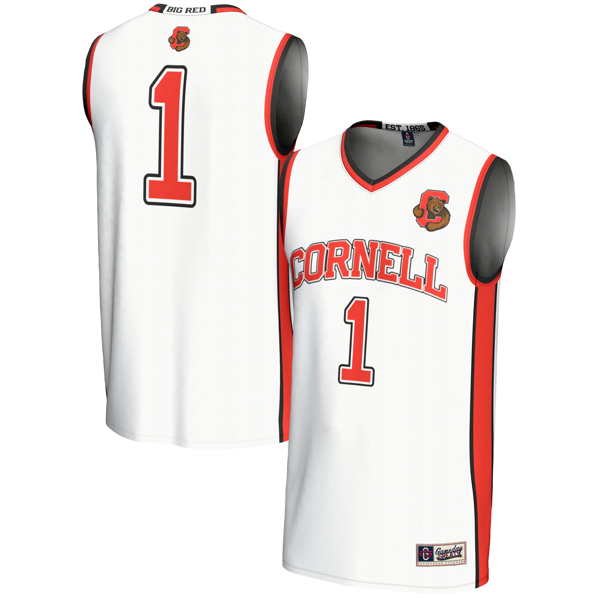#1 Cornell Big Red Youth Lightweight Basketball Jersey White - front and back view