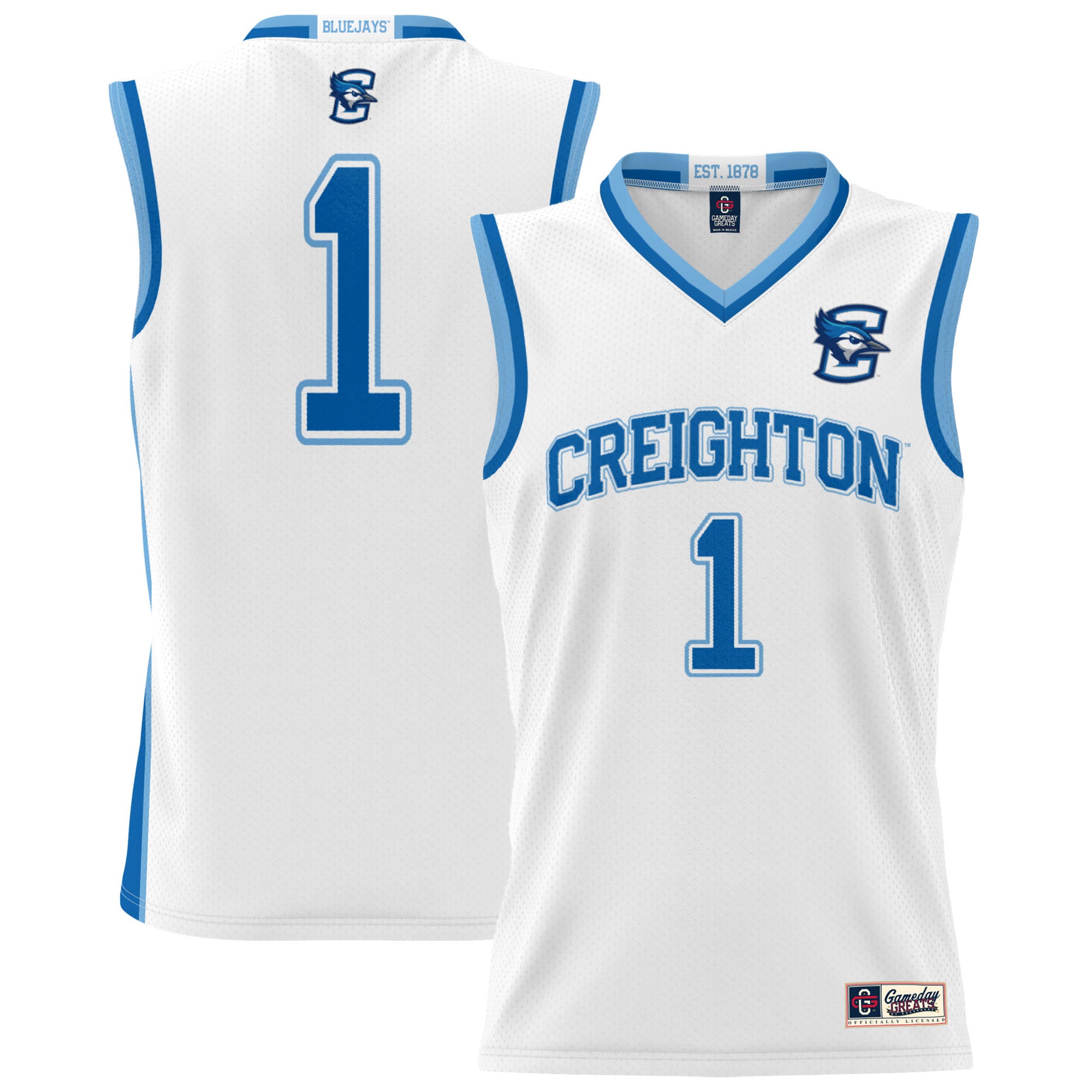 #1 Creighton Bluejays Unisex Lightweight Basketball Jersey White - front and back view