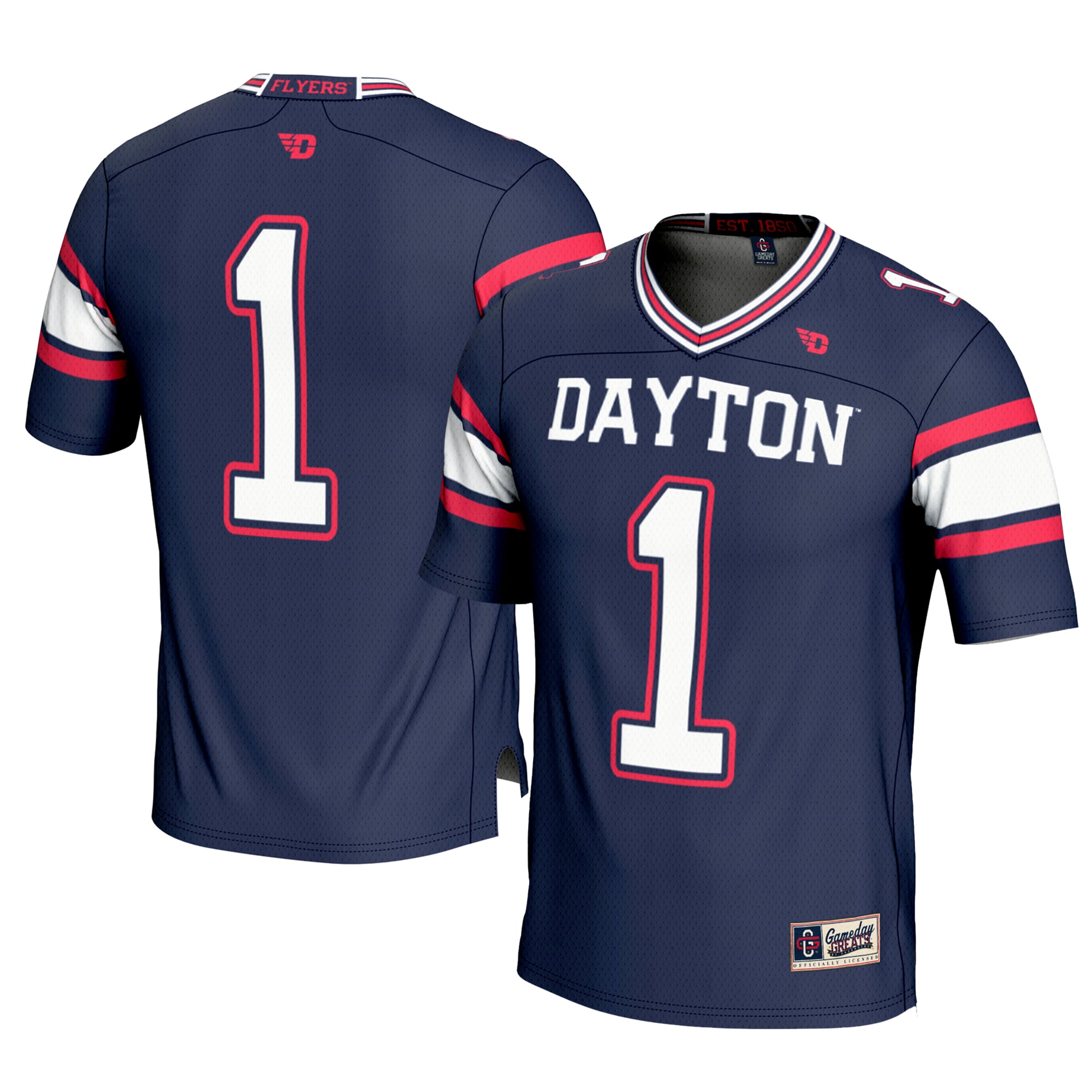 #1 Dayton Flyers Youth Football Jersey - Navy - front and back view
