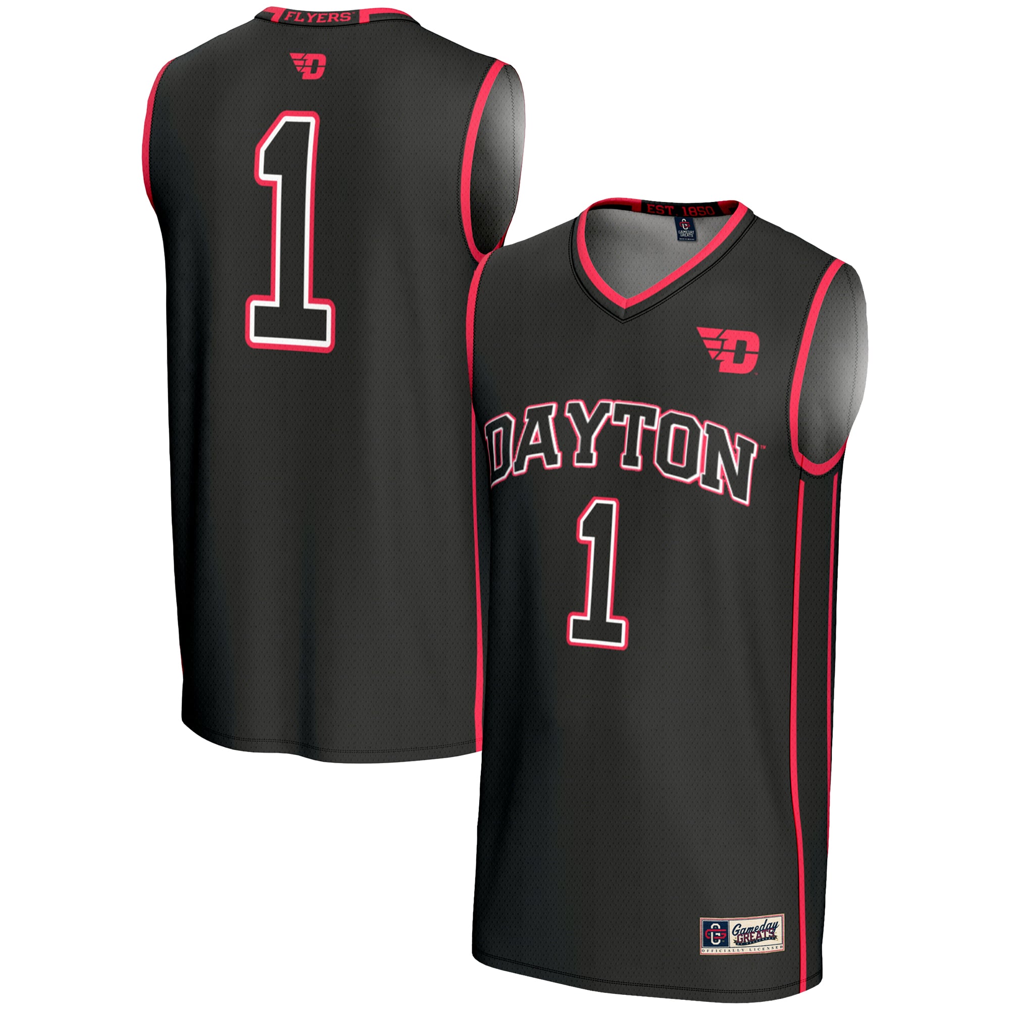 #1 Dayton Flyers Youth Lightweight Basketball Jersey Black - front and back view