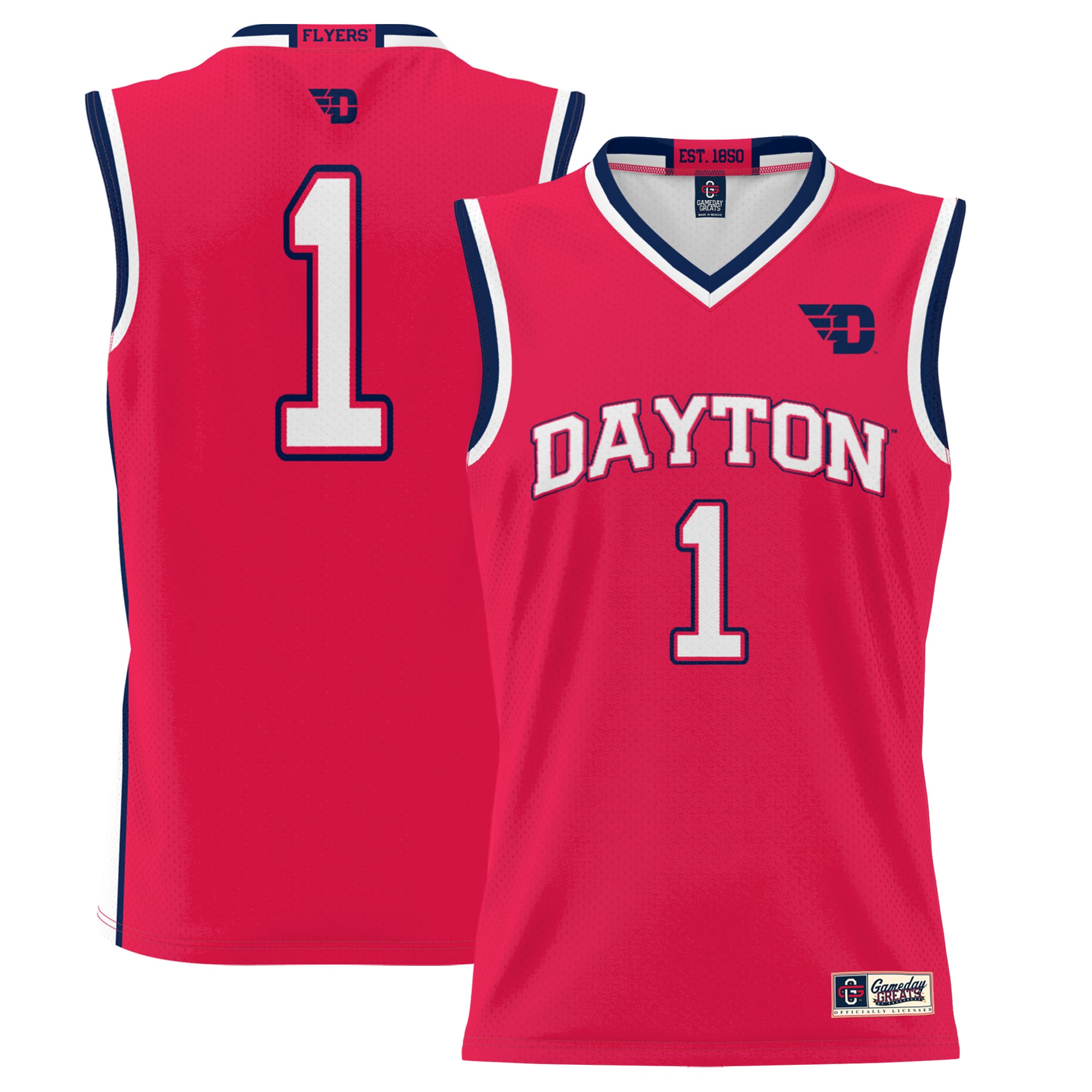 #1 Dayton Flyers Youth Lightweight Basketball Jersey Red - front and back view