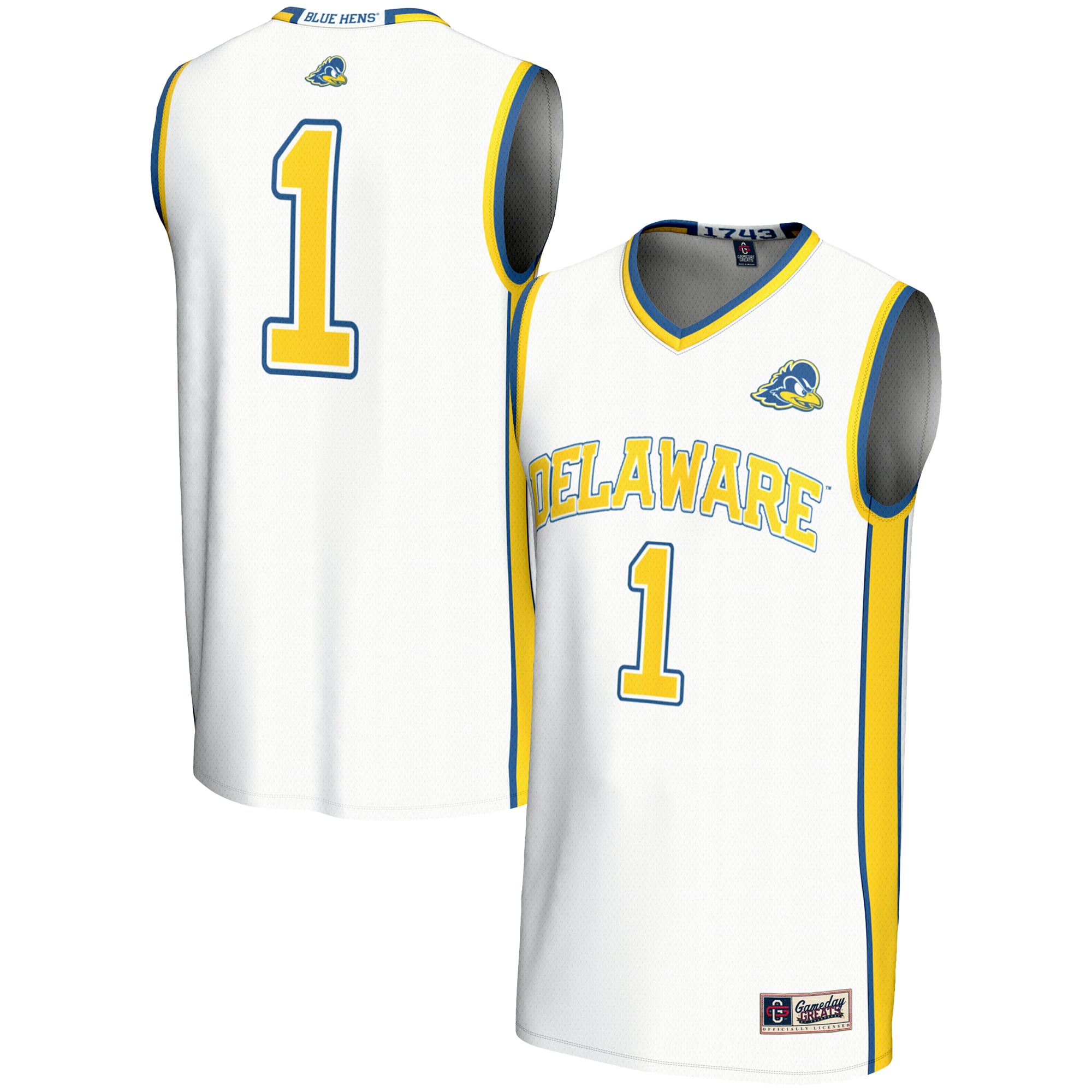 #1 Delaware Fightin' Blue Hens Youth Lightweight Basketball Jersey White - front and back view