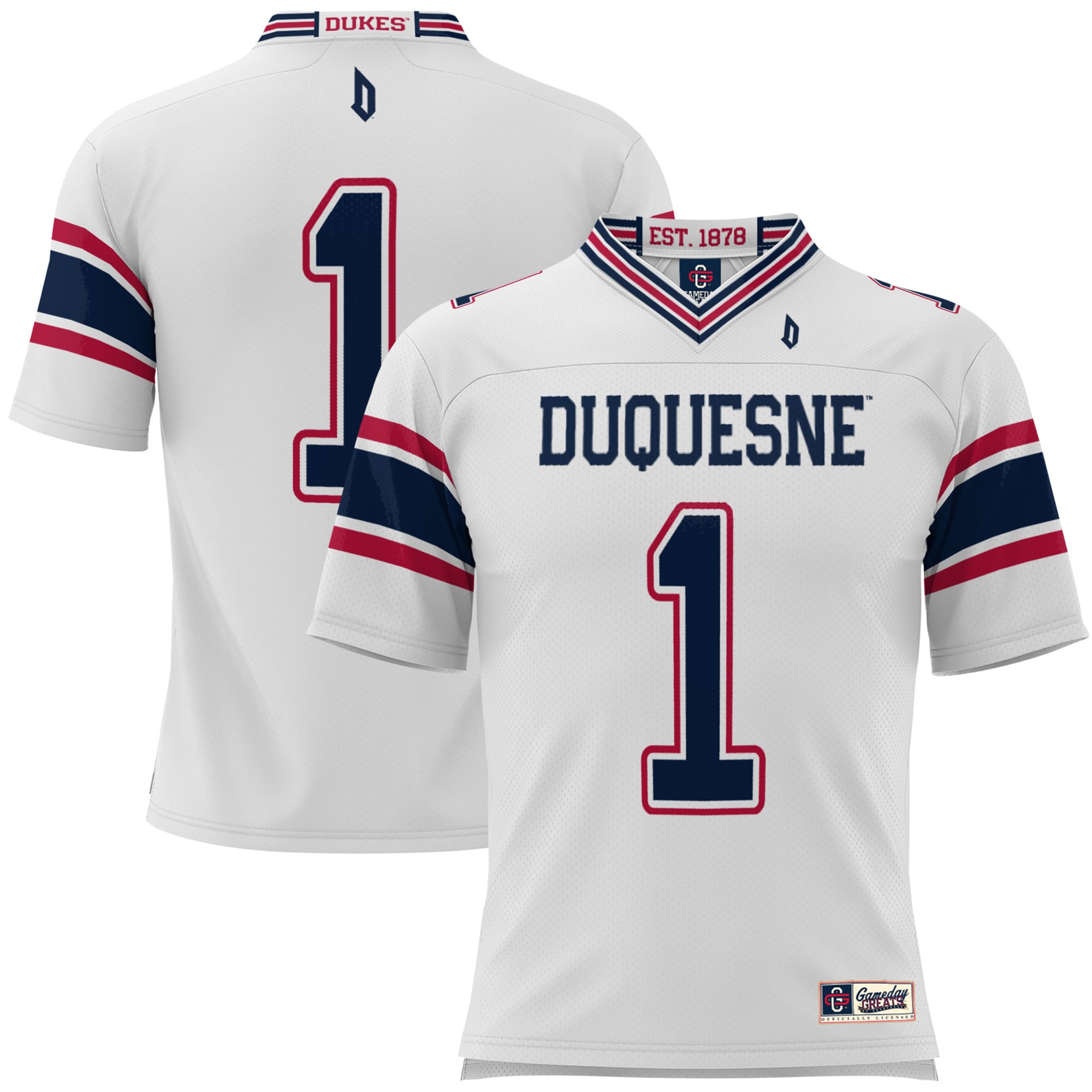 #1 Duquesne Dukes Football Jersey White - front and back view