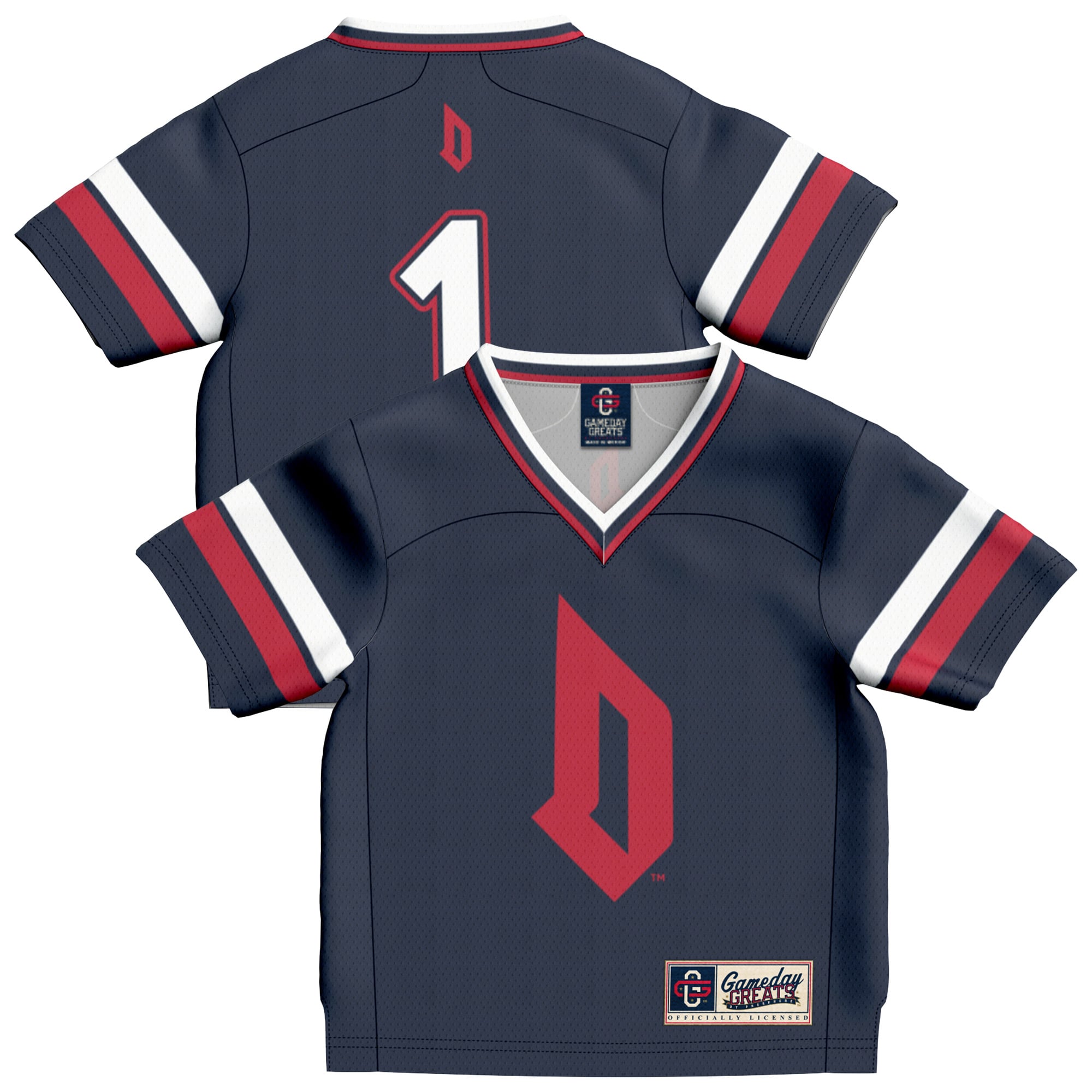 #1 Duquesne Dukes Infant Collegiate Football Fashion Jersey Blue - front and back view