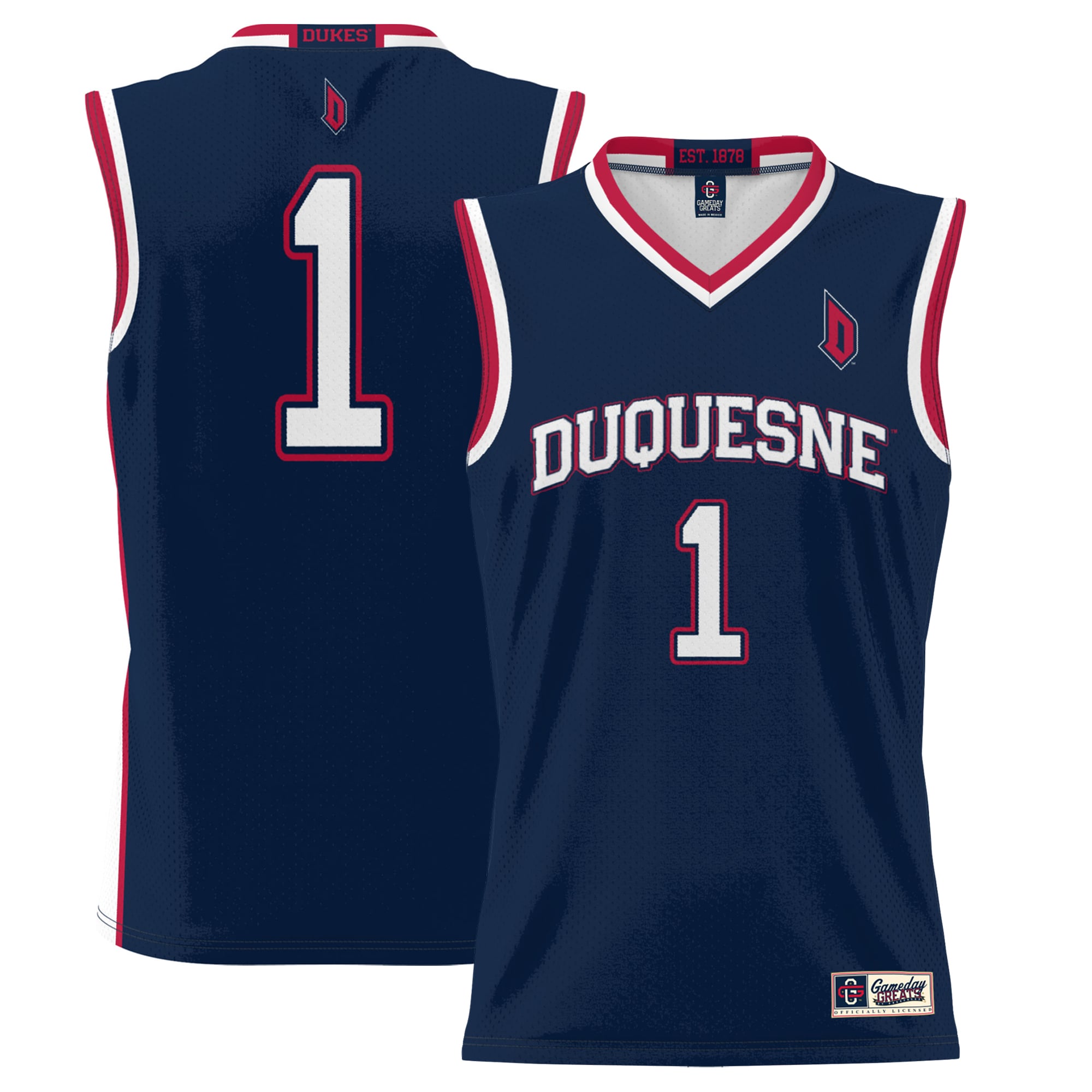#1 Duquesne Dukes Youth Lightweight Basketball Jersey Navy - front and back view