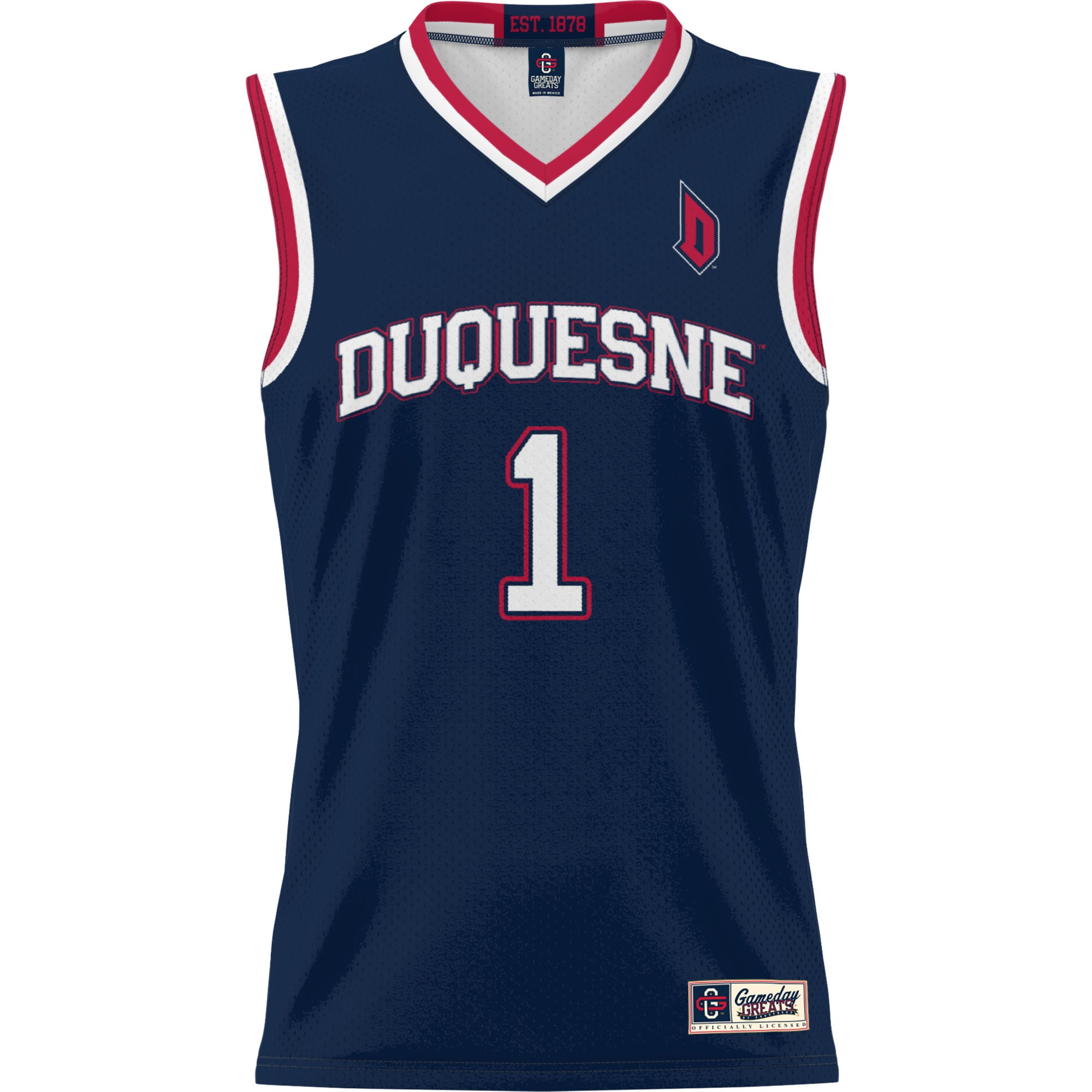 #1 Duquesne Dukes Youth Lightweight Basketball Jersey Navy - front view