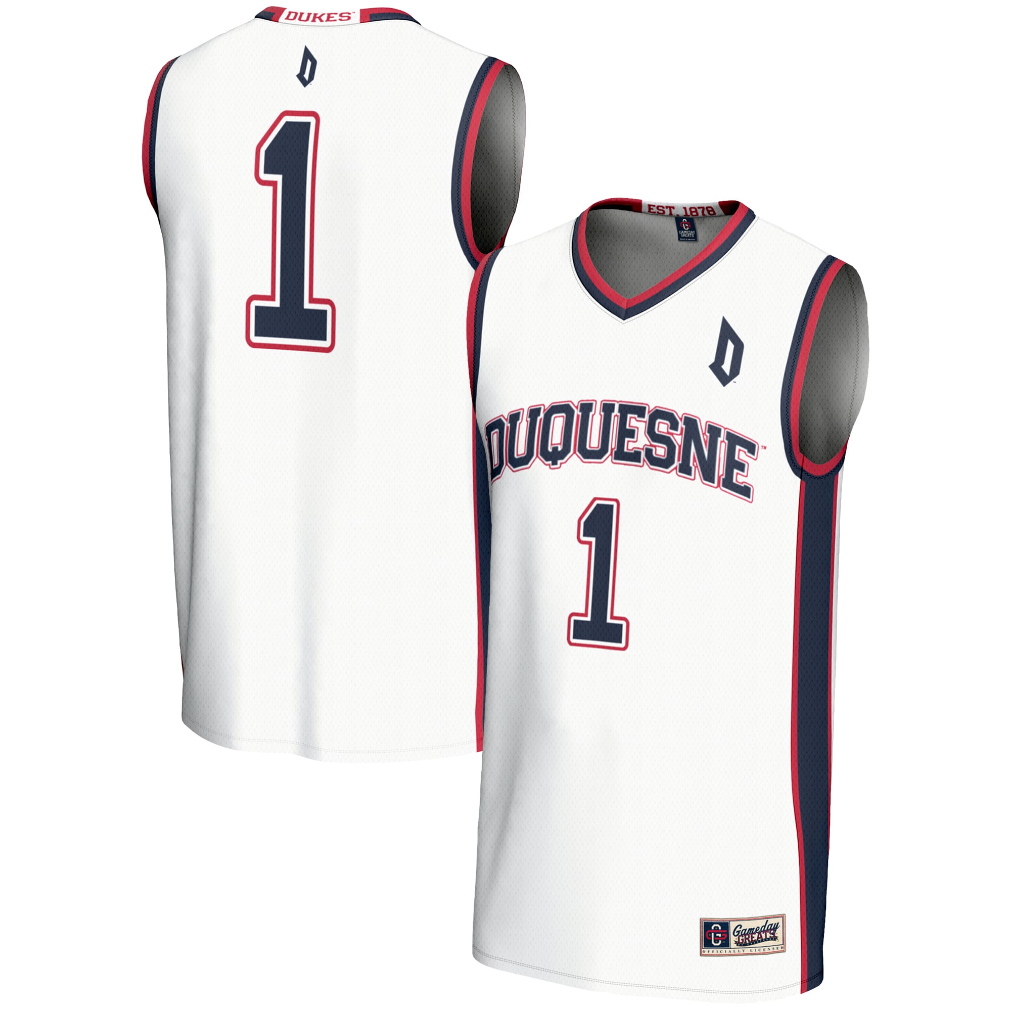 #1 Duquesne Dukes Lightweight Basketball Jersey White - front and back view