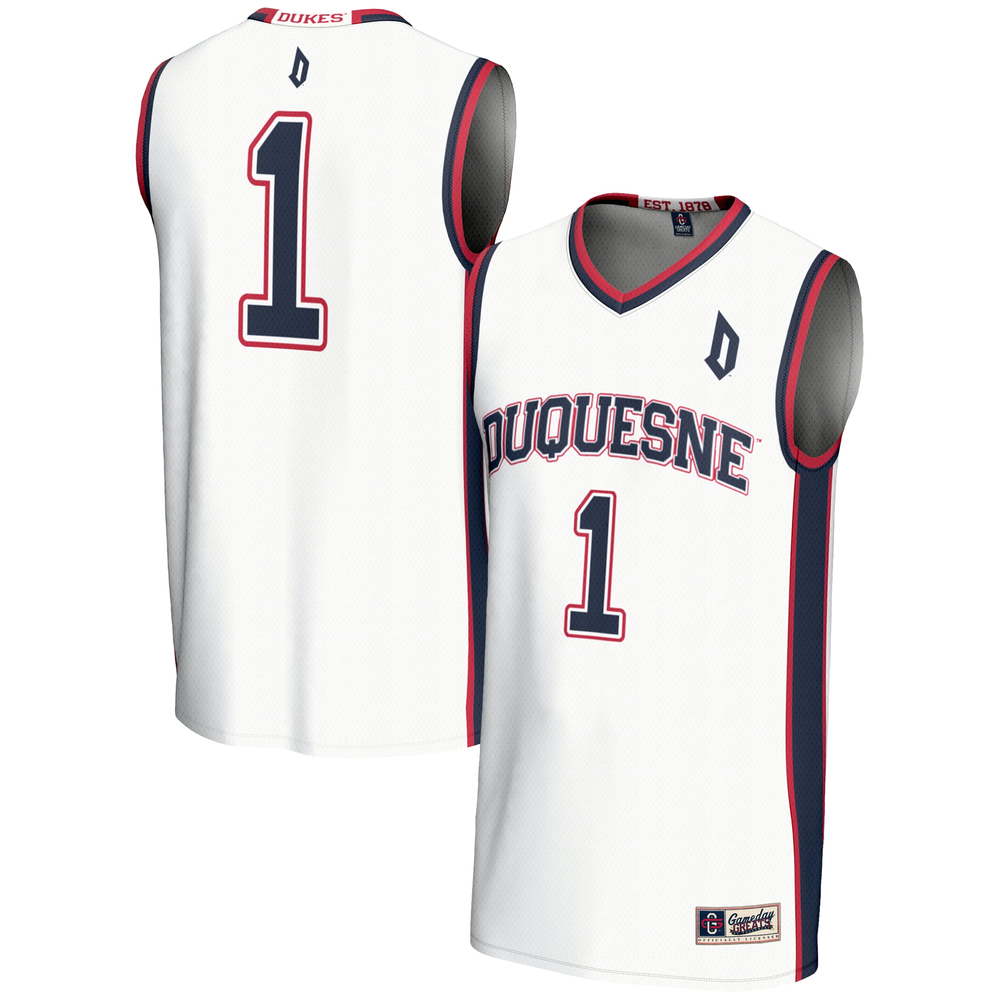 #1 Duquesne Dukes Youth Lightweight Basketball Jersey White - front and back view