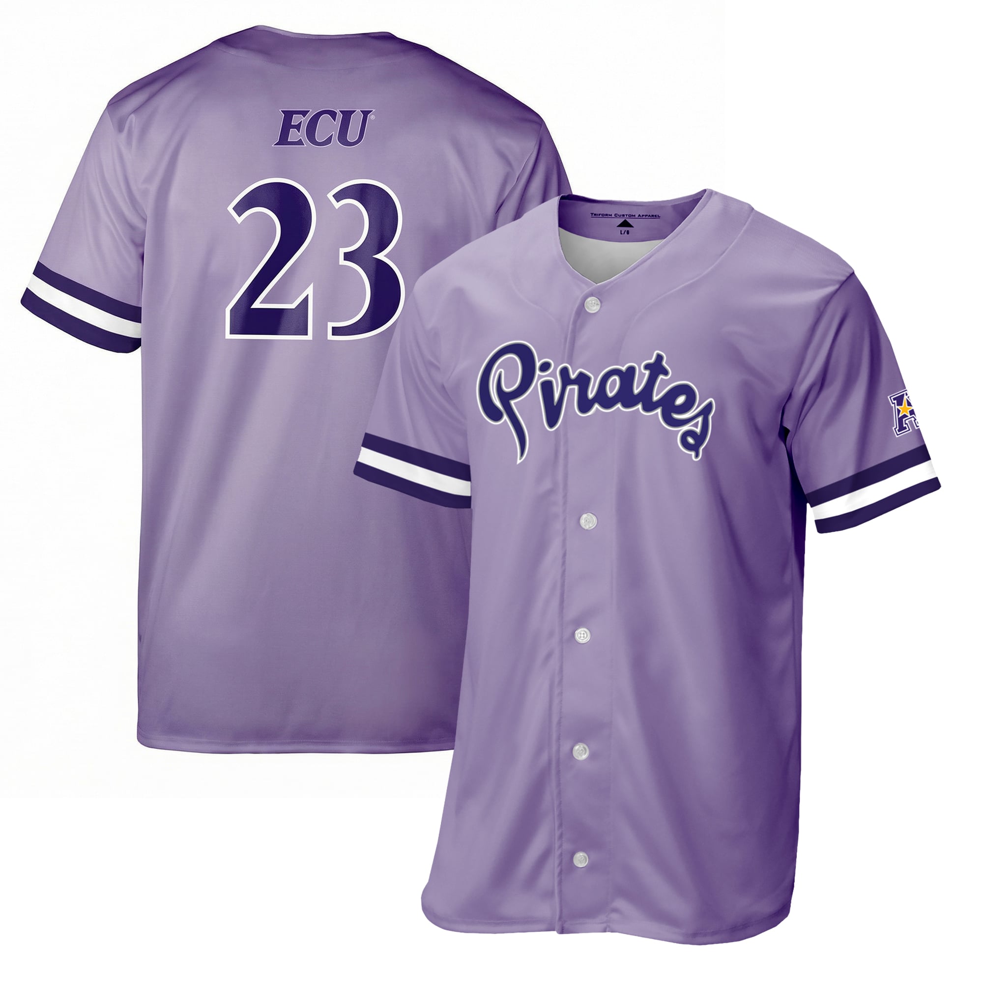 ECU Pirates Baseball Jersey Purple - front and back view