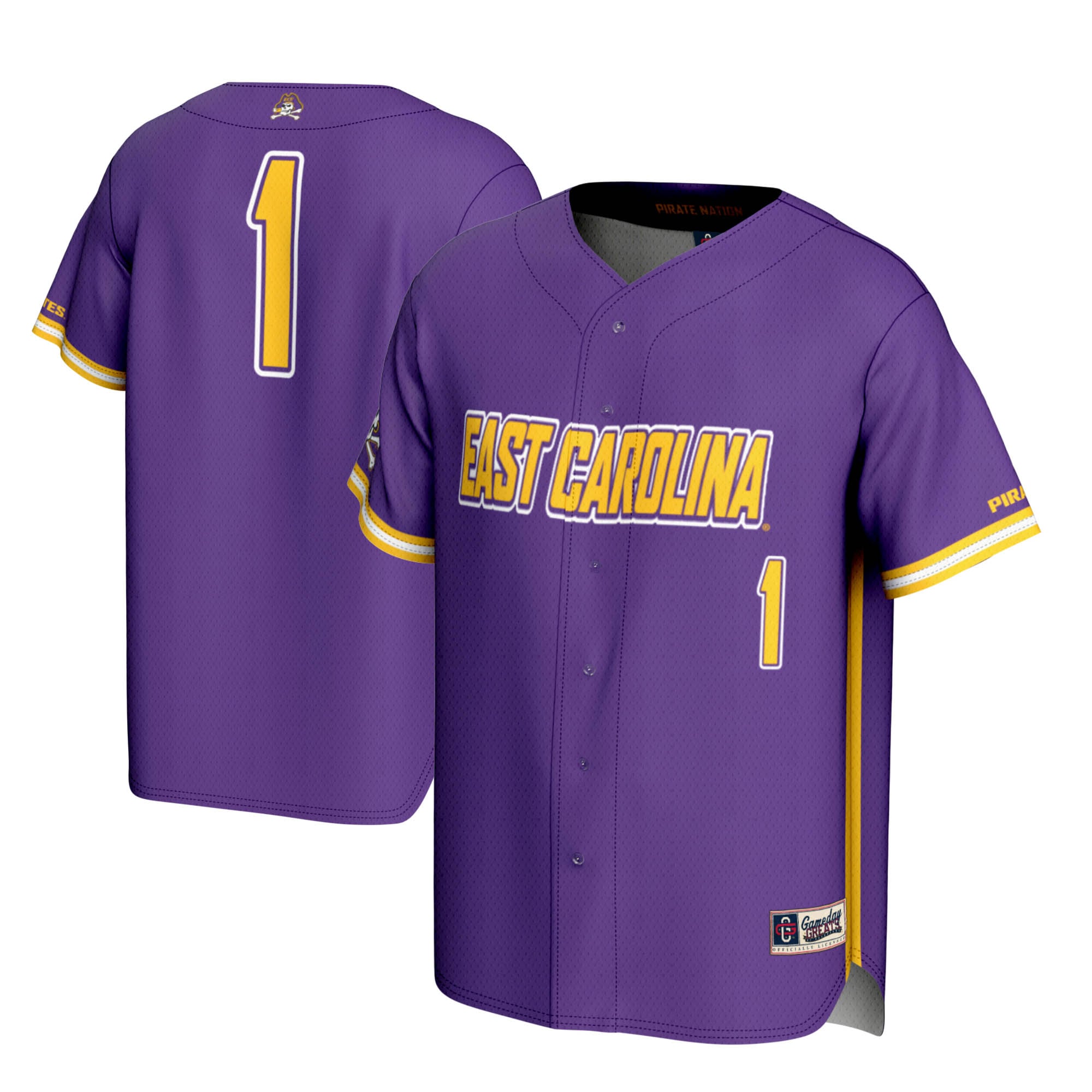 #1 ECU Pirates Lightweight Baseball Jersey Purple - front and back view