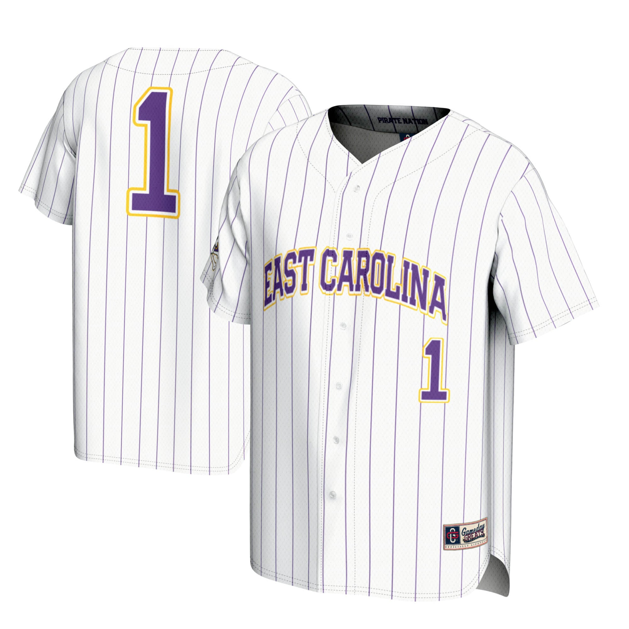 #1 ECU Pirates Lightweight Baseball Jersey White - front and back view