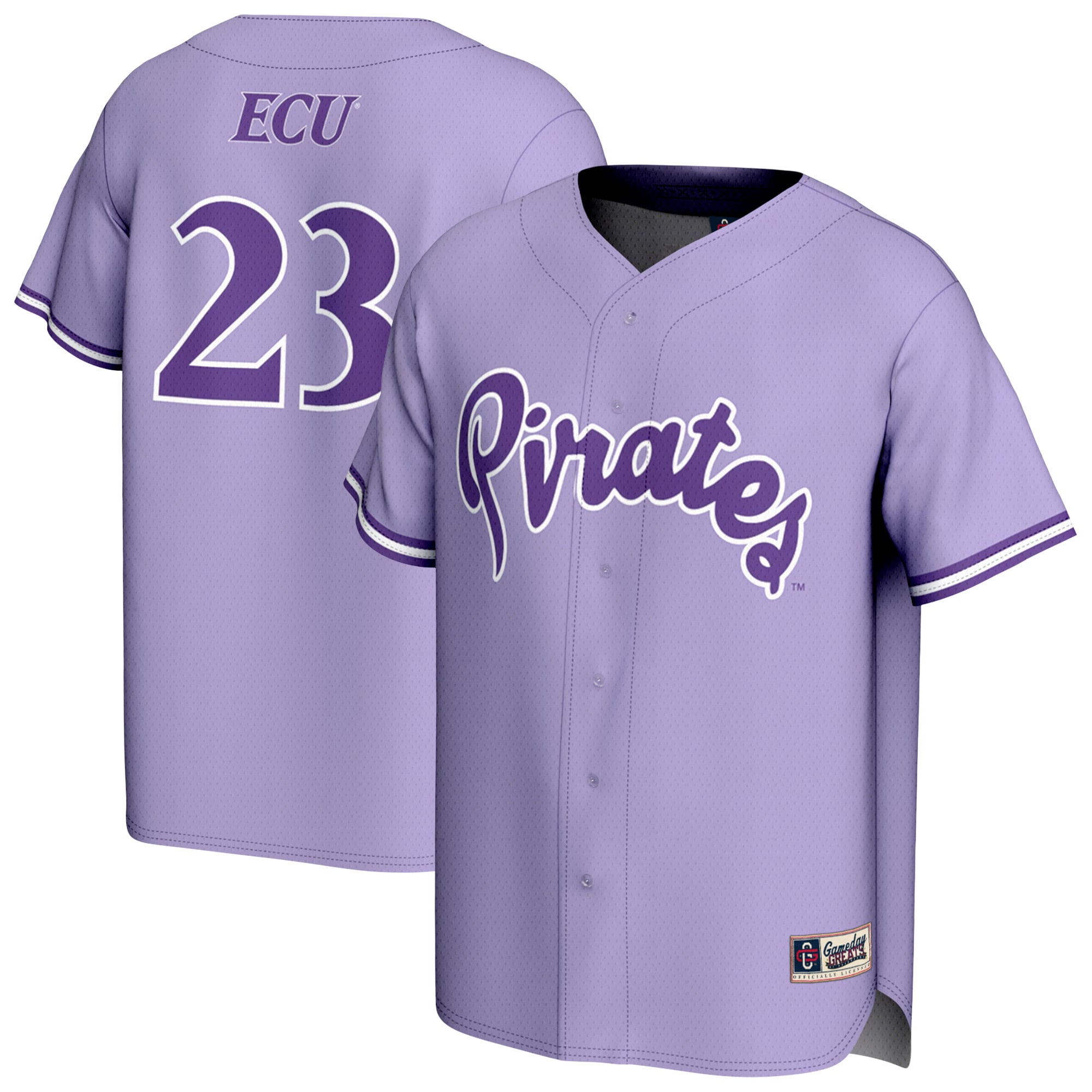 ECU Pirates Youth Lightweight Collegiate Baseball Fashion Jersey Purple - front and back view