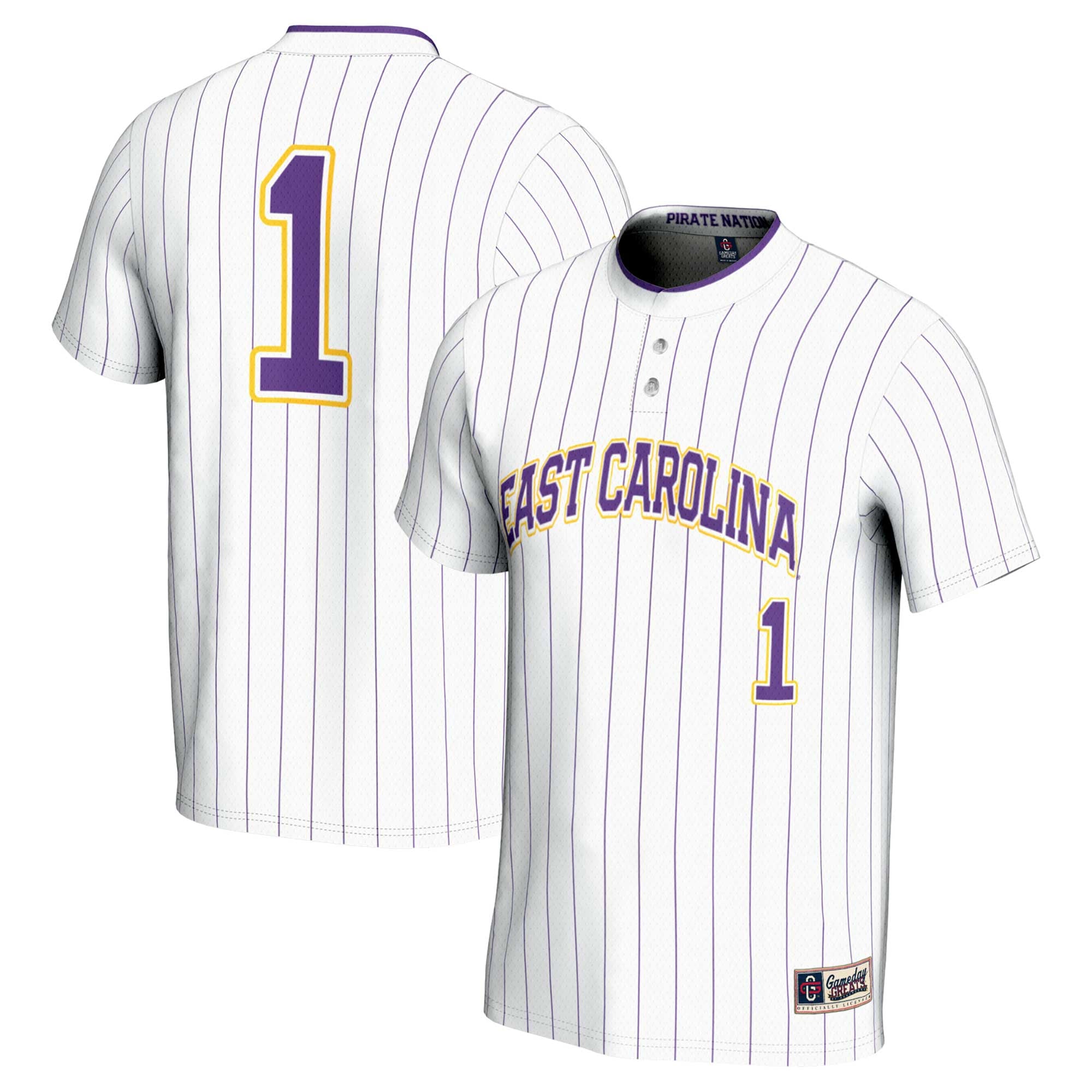 #1 ECU Pirates Unisex Lightweight Softball Jersey White - front and back view
