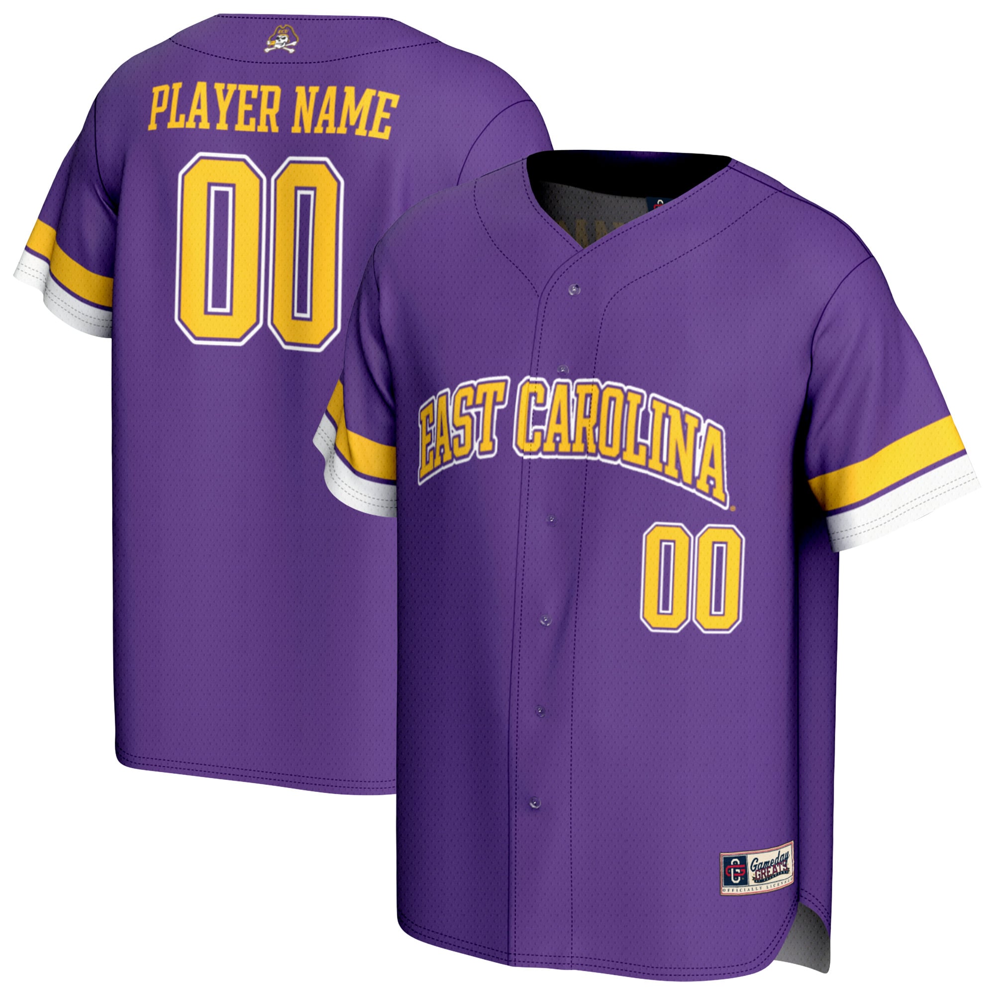 ECU Pirates Youth Lightweight Baseball Jersey Purple - front and back view
