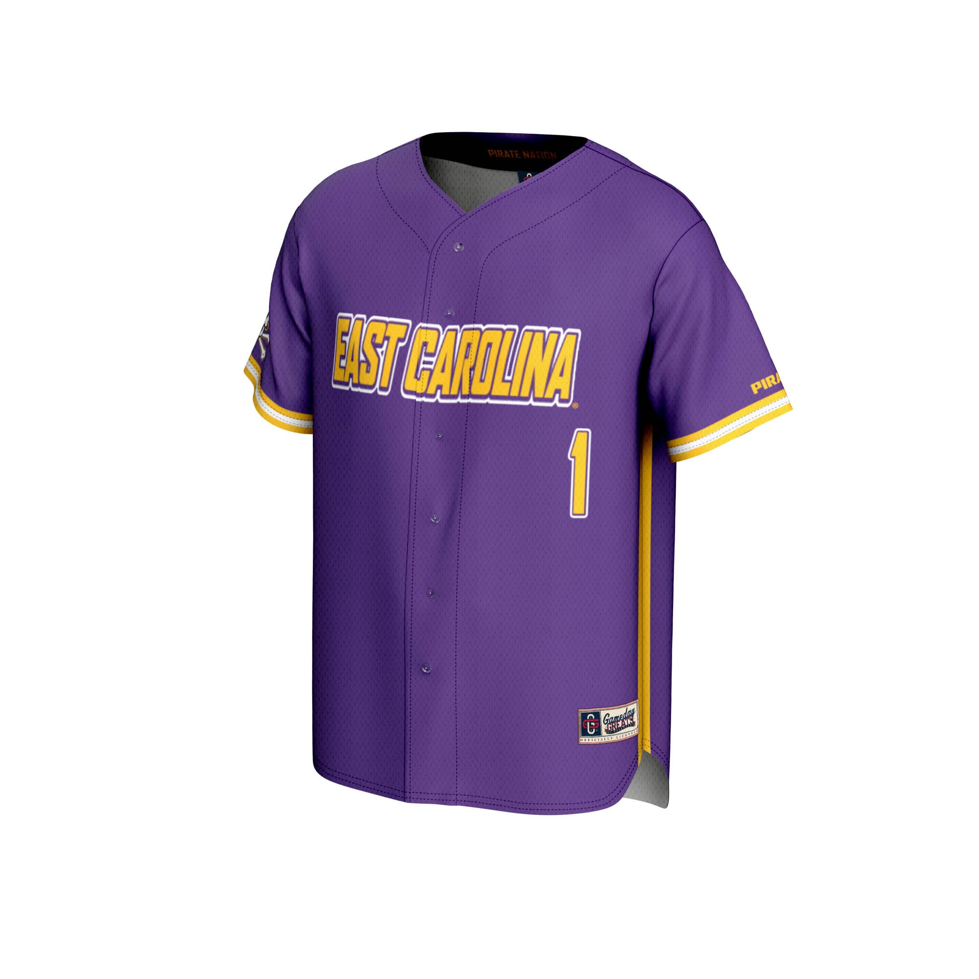 #1 ECU Pirates Youth Lightweight Baseball Jersey Purple - front view