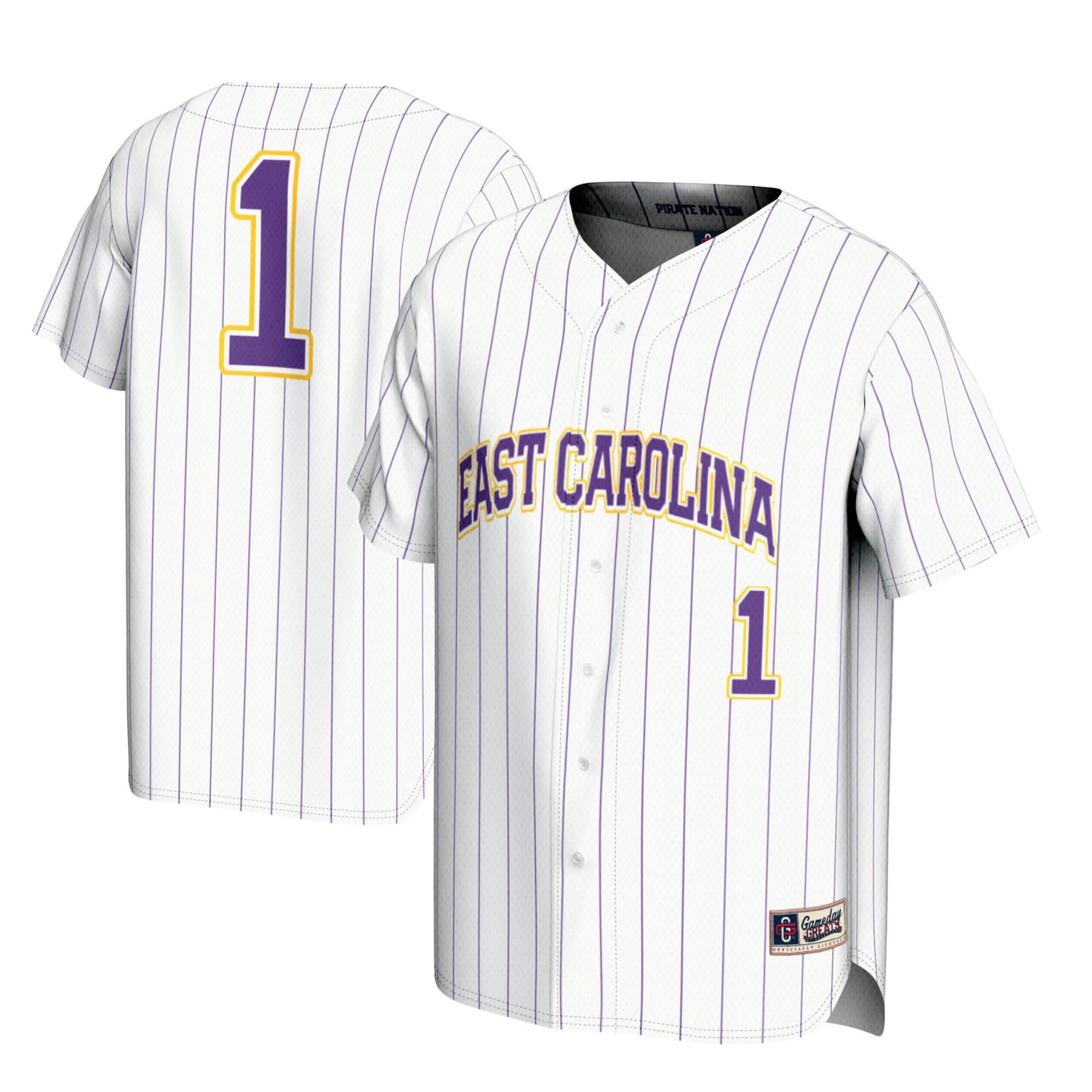 #1 ECU Pirates Youth Lightweight Baseball Jersey White - front and back view