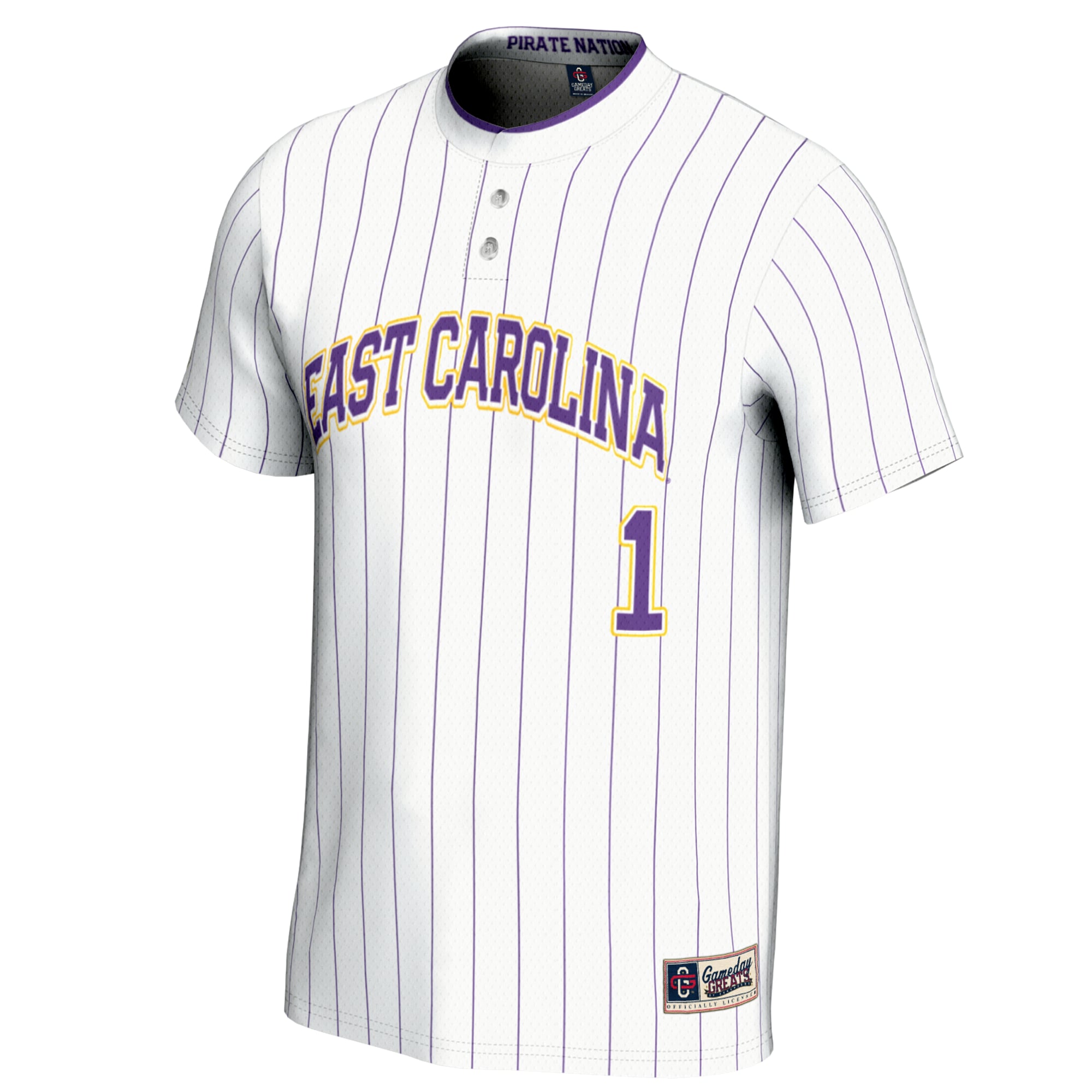 #1 ECU Pirates Youth Lightweight Softball Jersey White - front view