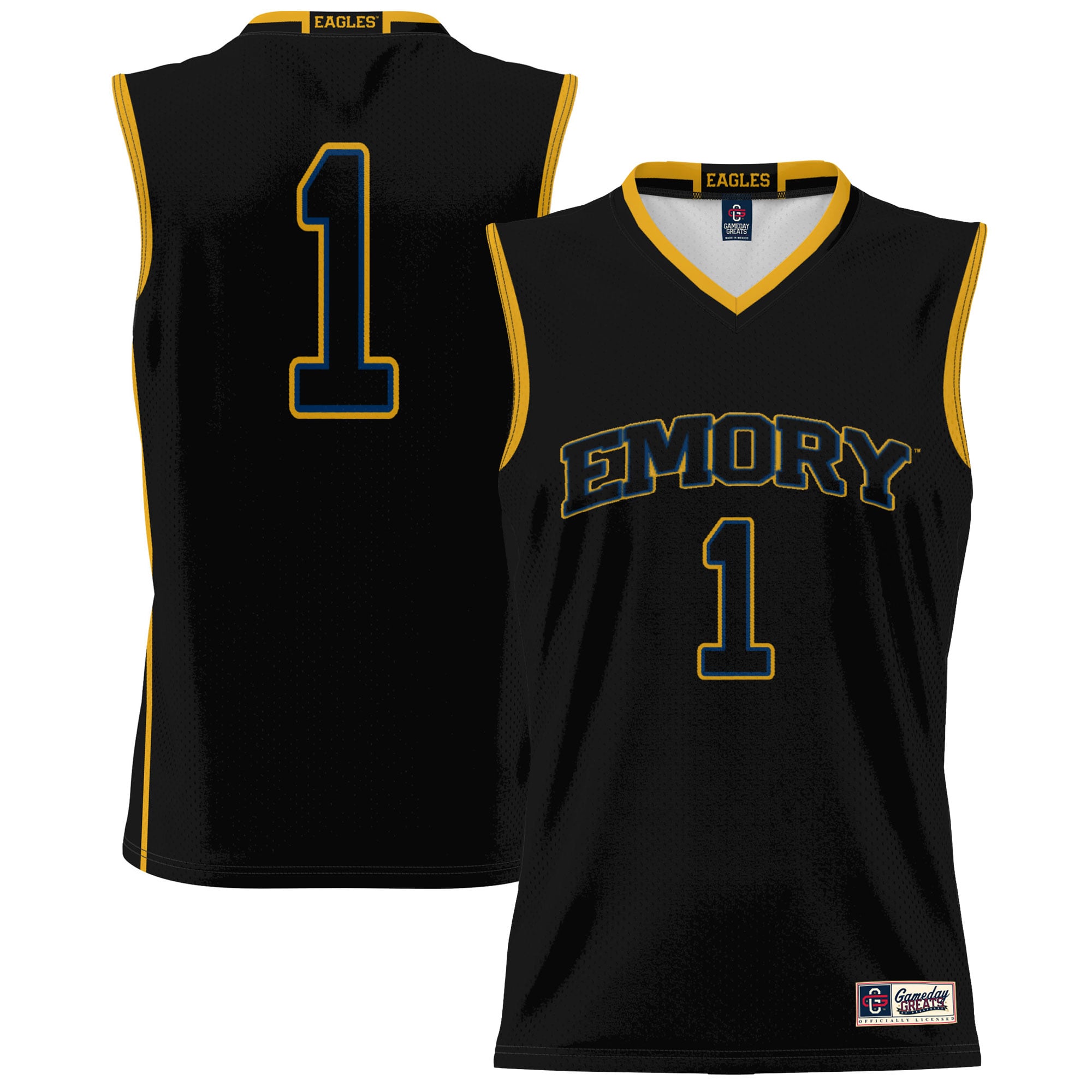 #1 Emory Eagles Youth Lightweight Basketball Jersey Black - front and back view