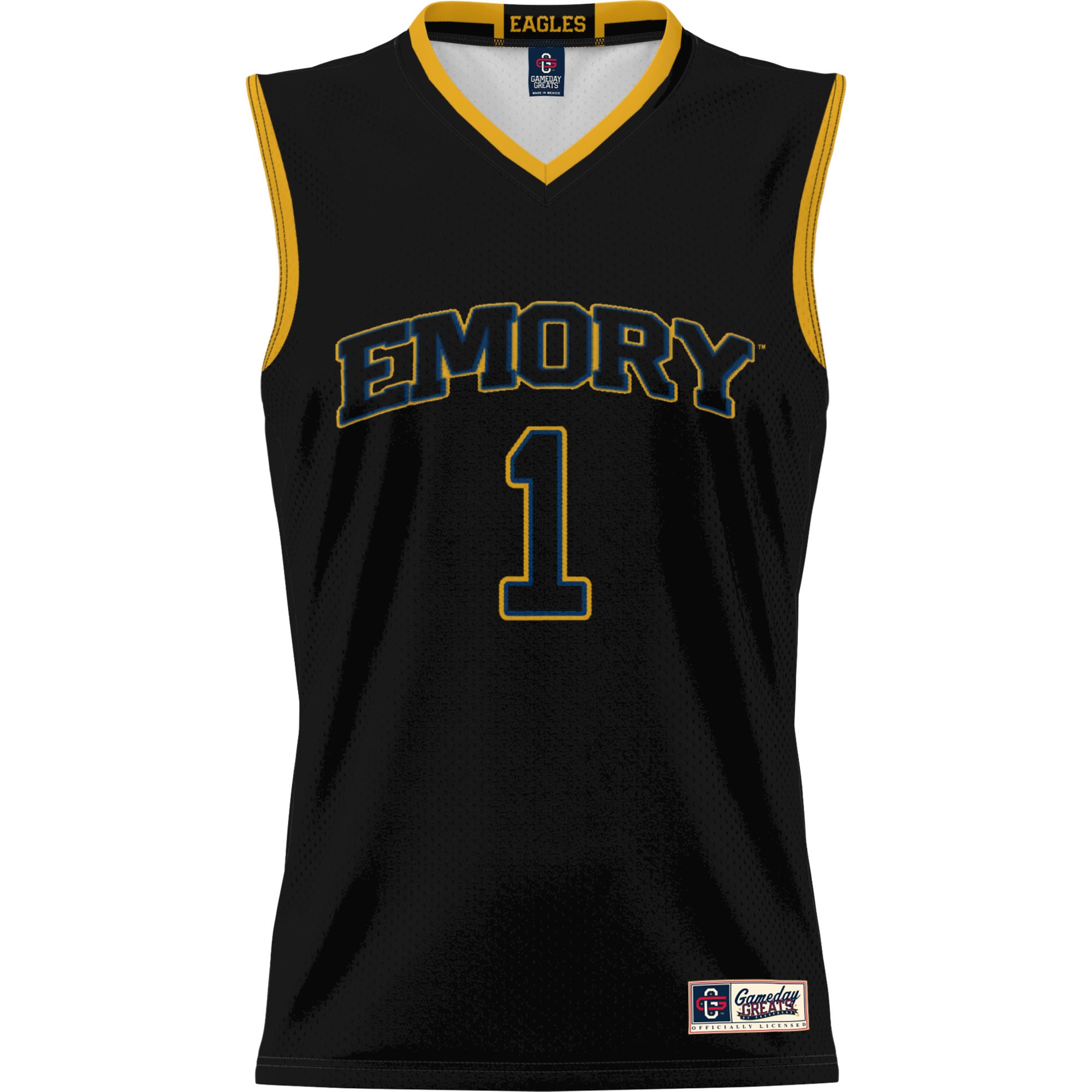 #1 Emory Eagles Youth Lightweight Basketball Jersey Black - front view