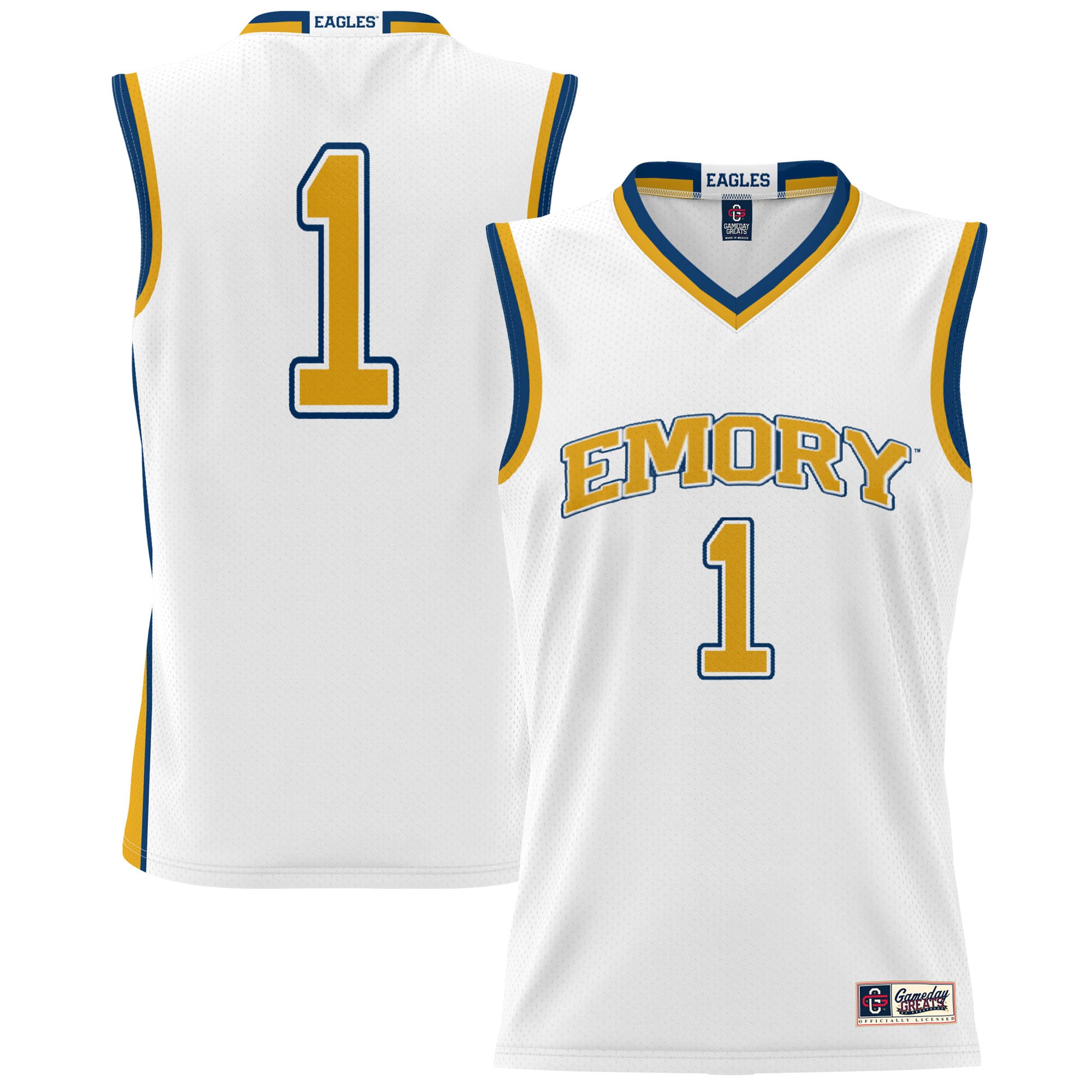 #1 Emory Eagles Youth Lightweight Basketball Jersey White - front and back view