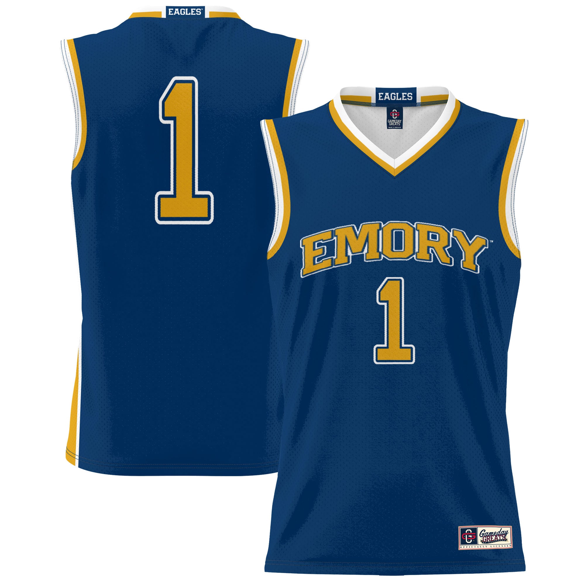 #1 Emory Eagles Youth Lightweight Basketball Jersey Blue - front and back view