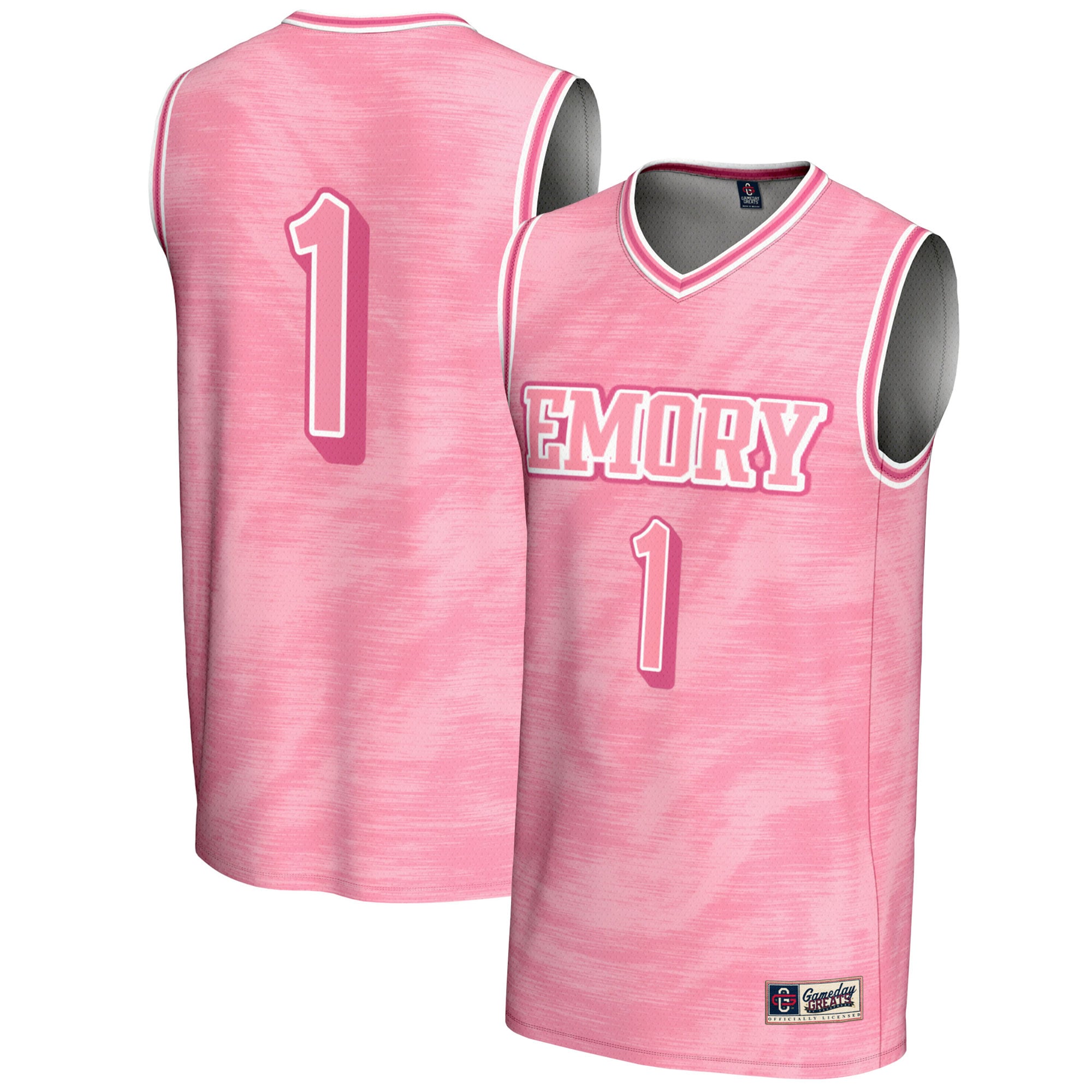 #1 Emory Eagles Youth Lightweight Basketball Jersey Pink - front and back view