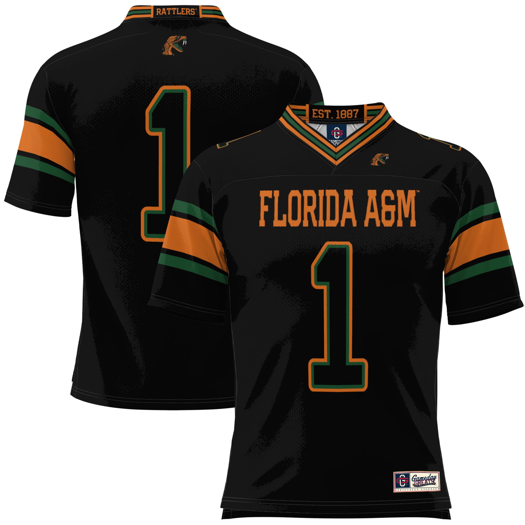 #1 Florida A&M Rattlers Football Jersey Black - front and back view