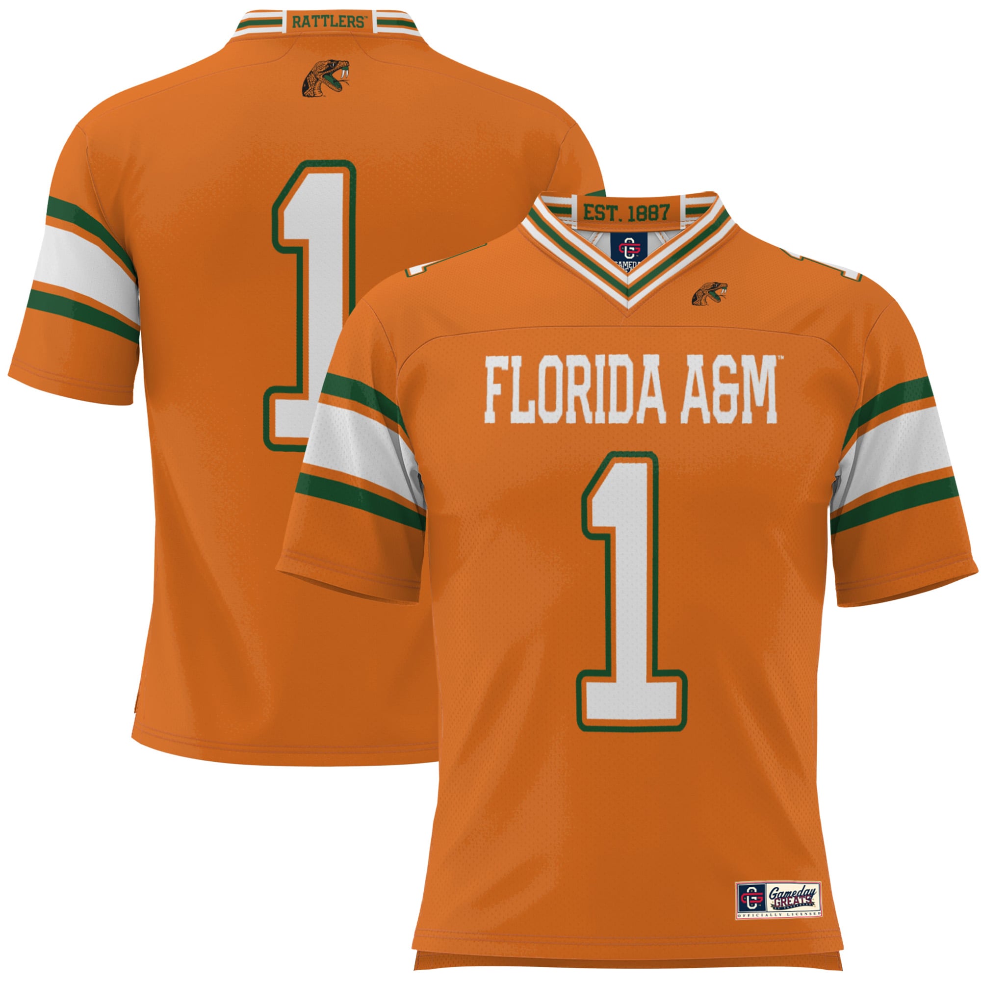 #1 Florida A&M Rattlers Youth Football Jersey Orange - front and back view