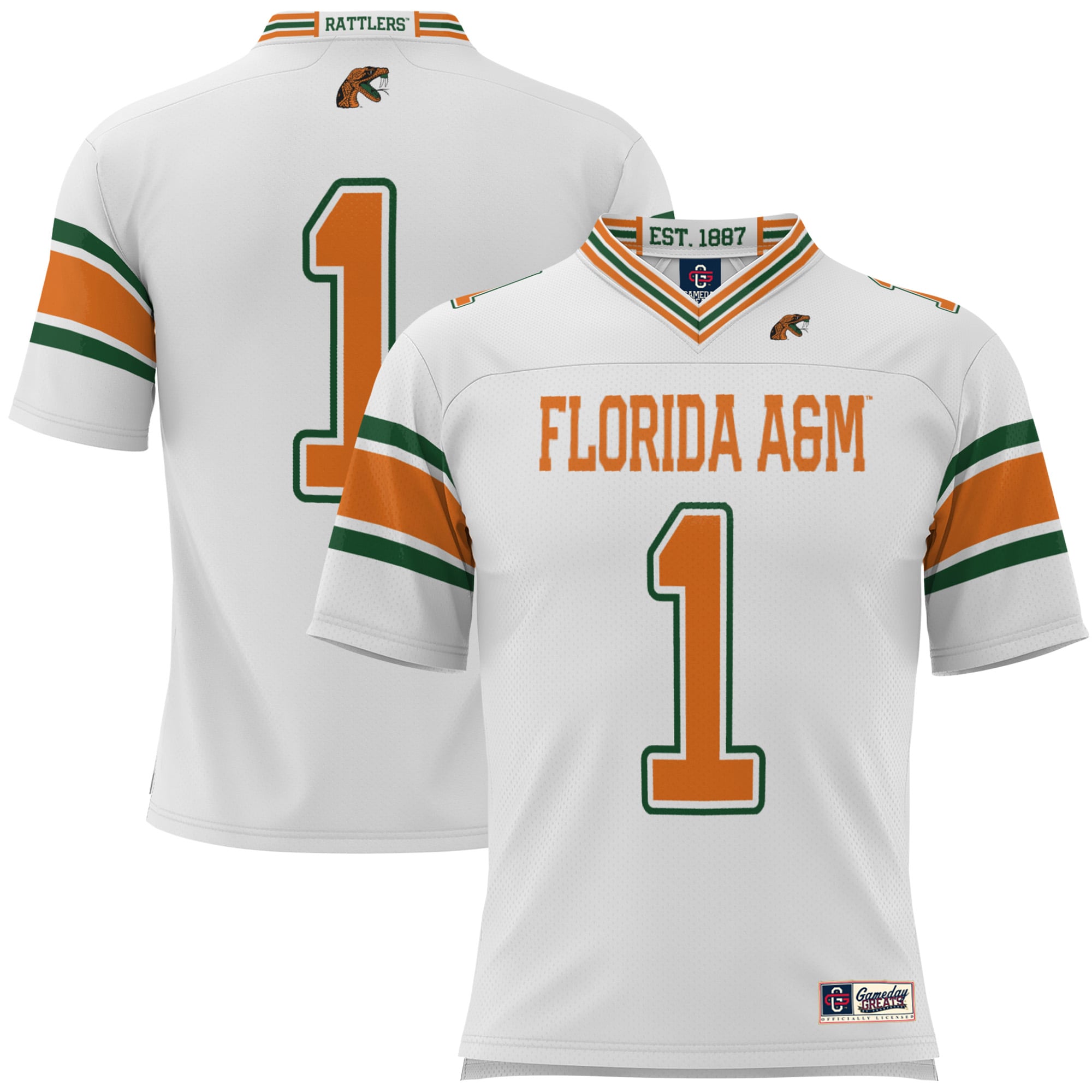 #1 Florida A&M Rattlers Football Jersey White - front and back view
