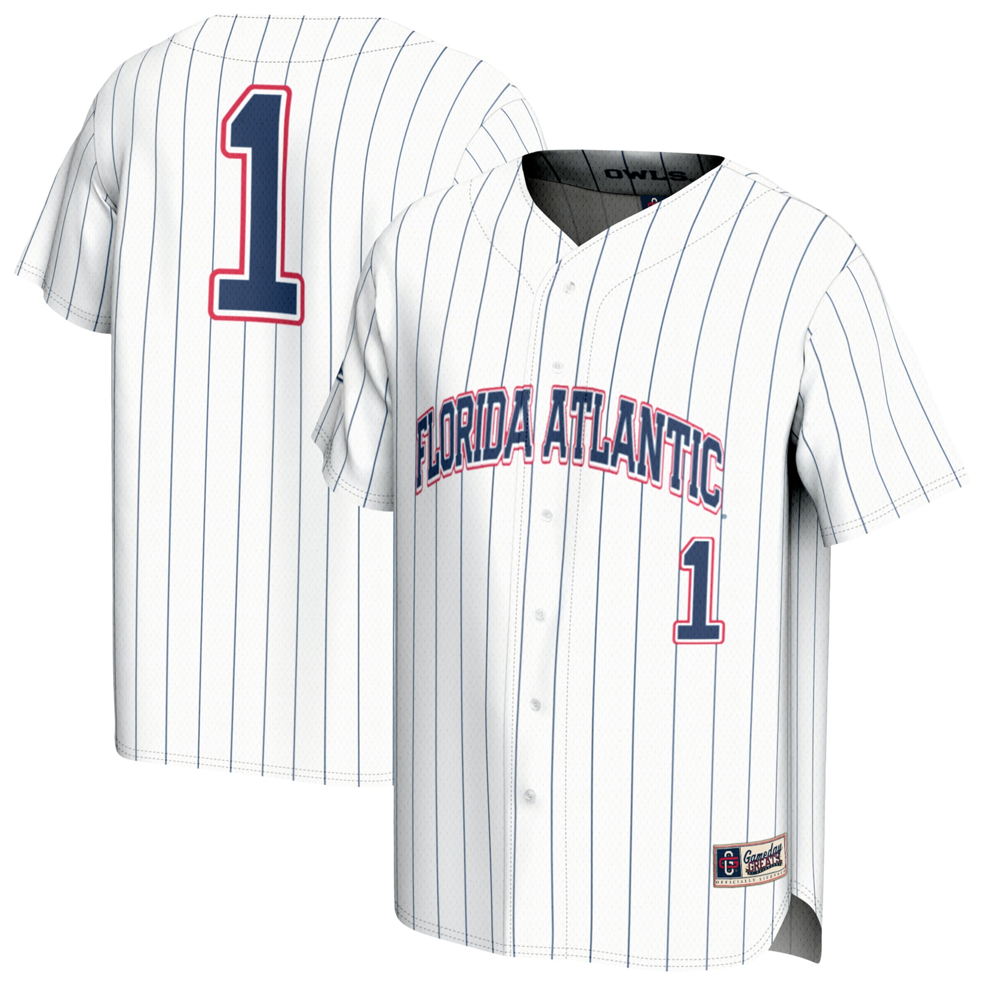 #1 Florida Atlantic Owls Unisex Collegiate Baseball Fashion Jersey White - front and back view