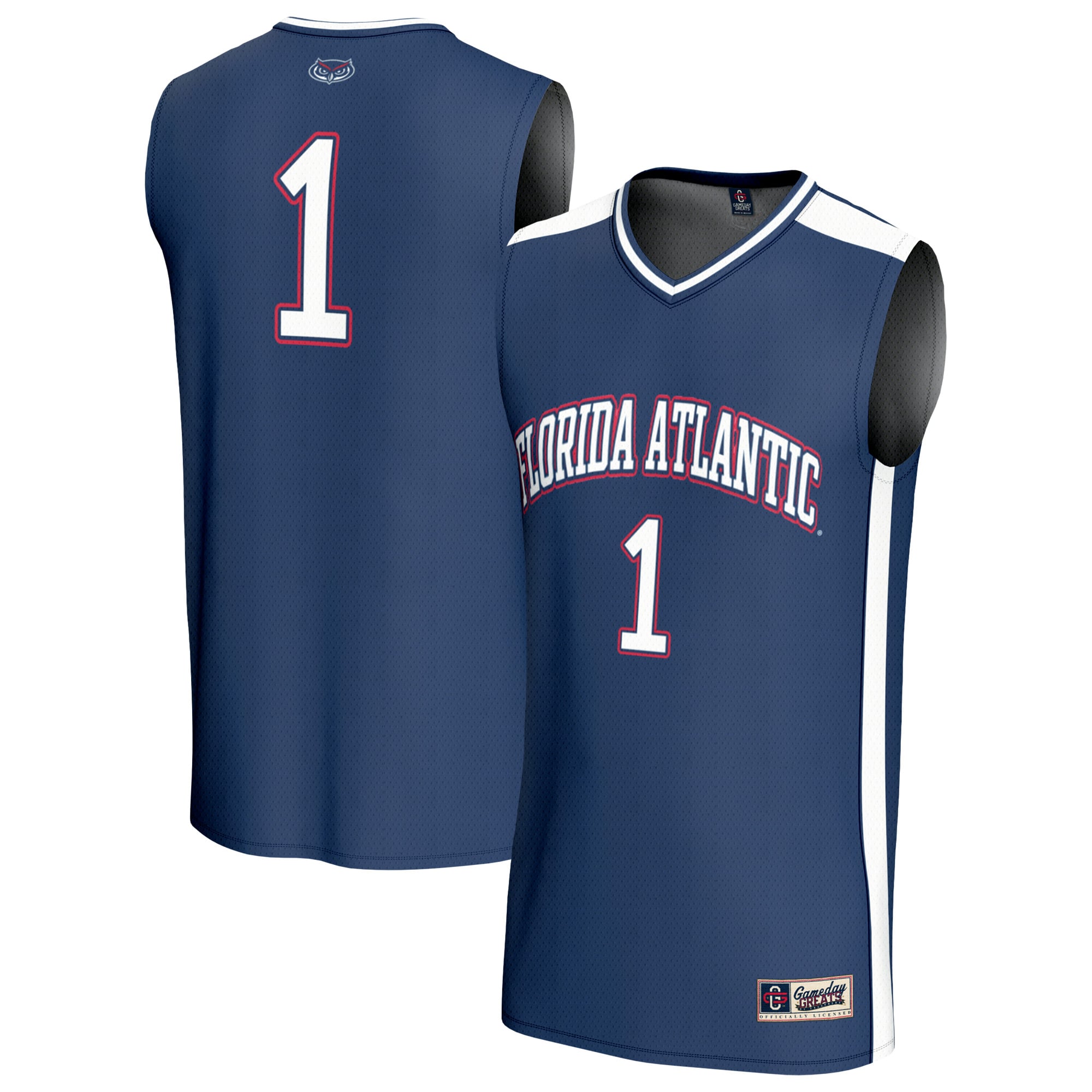 #1 Florida Atlantic Owls Unisex Lightweight Basketball Jersey Navy - front and back view