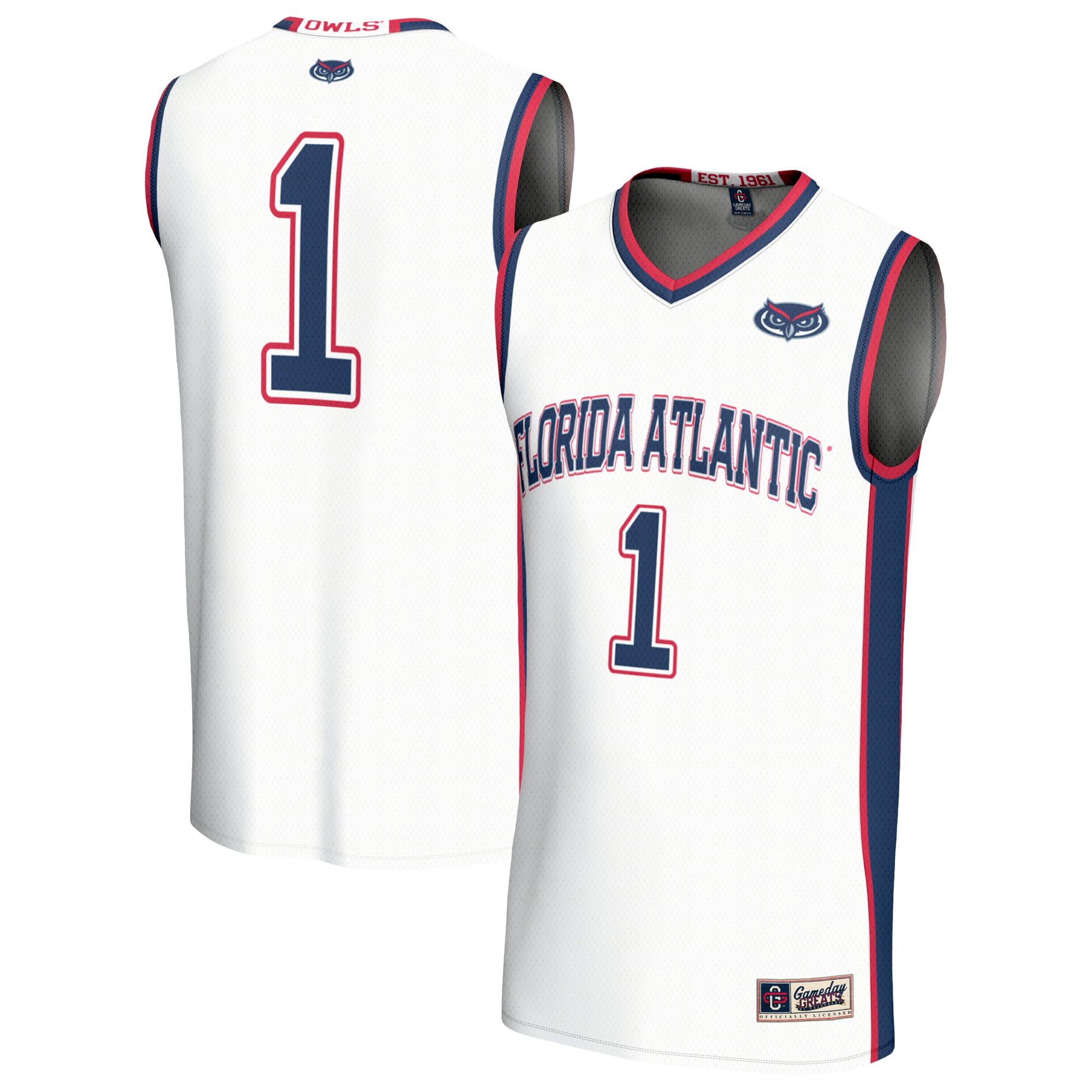 #1 Florida Atlantic Owls Unisex Lightweight Basketball Jersey White - front and back view