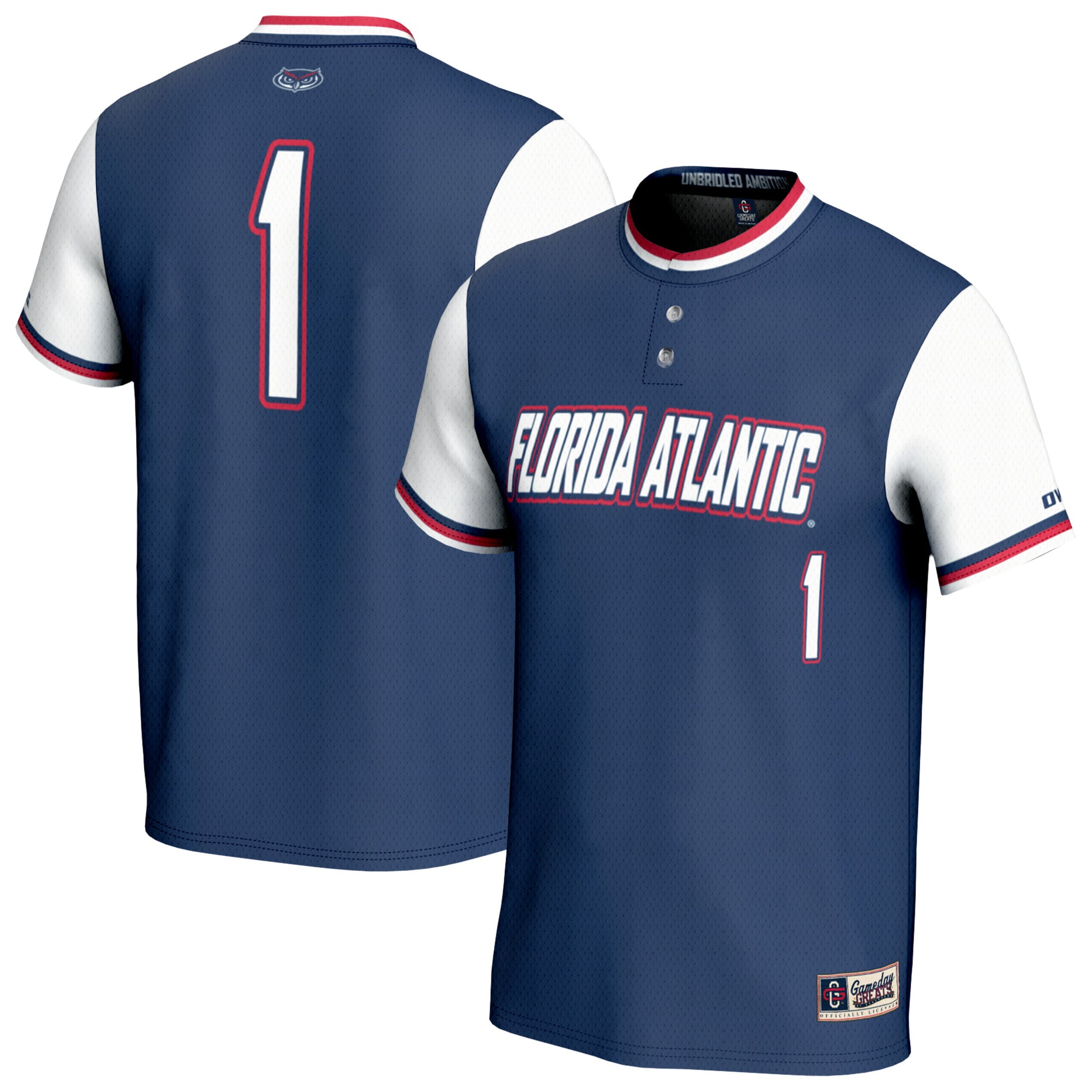 #1 Florida Atlantic Owls Unisex Lightweight Collegiate Softball Fashion - front and back view
