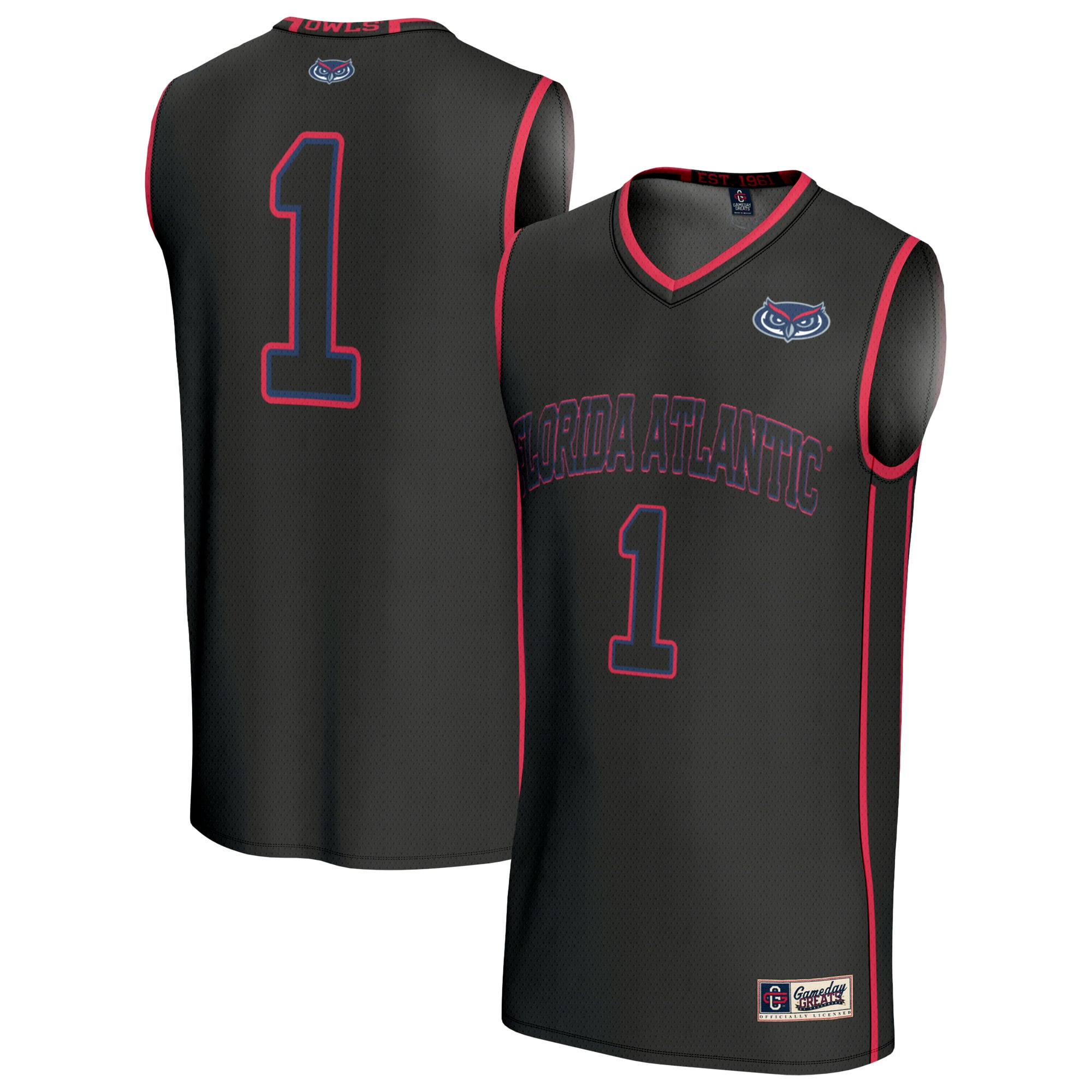#1 Florida Atlantic Owls Youth Lightweight Basketball Jersey Black - front and back view