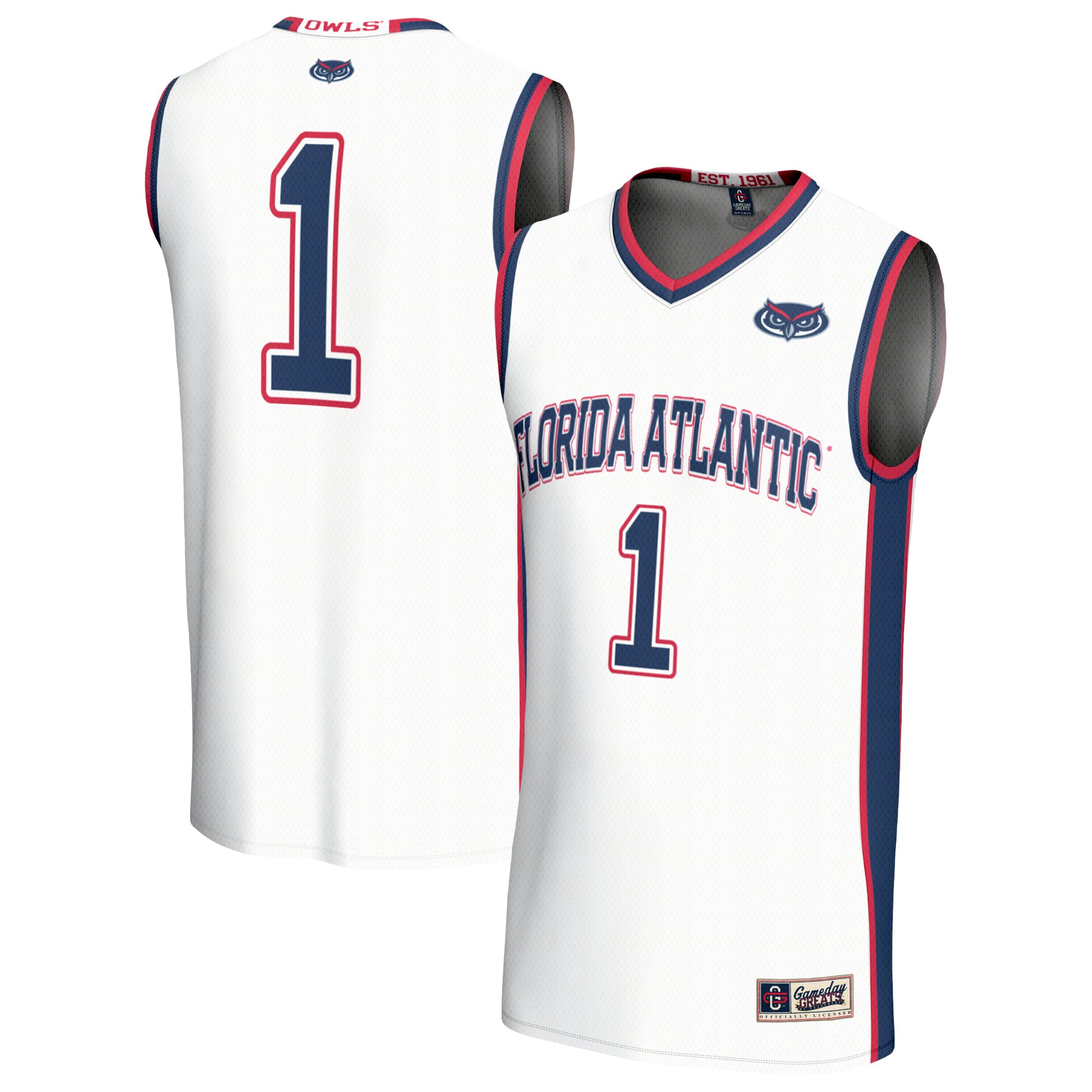 #1 Florida Atlantic Owls Youth Lightweight Basketball Jersey White - front and back view