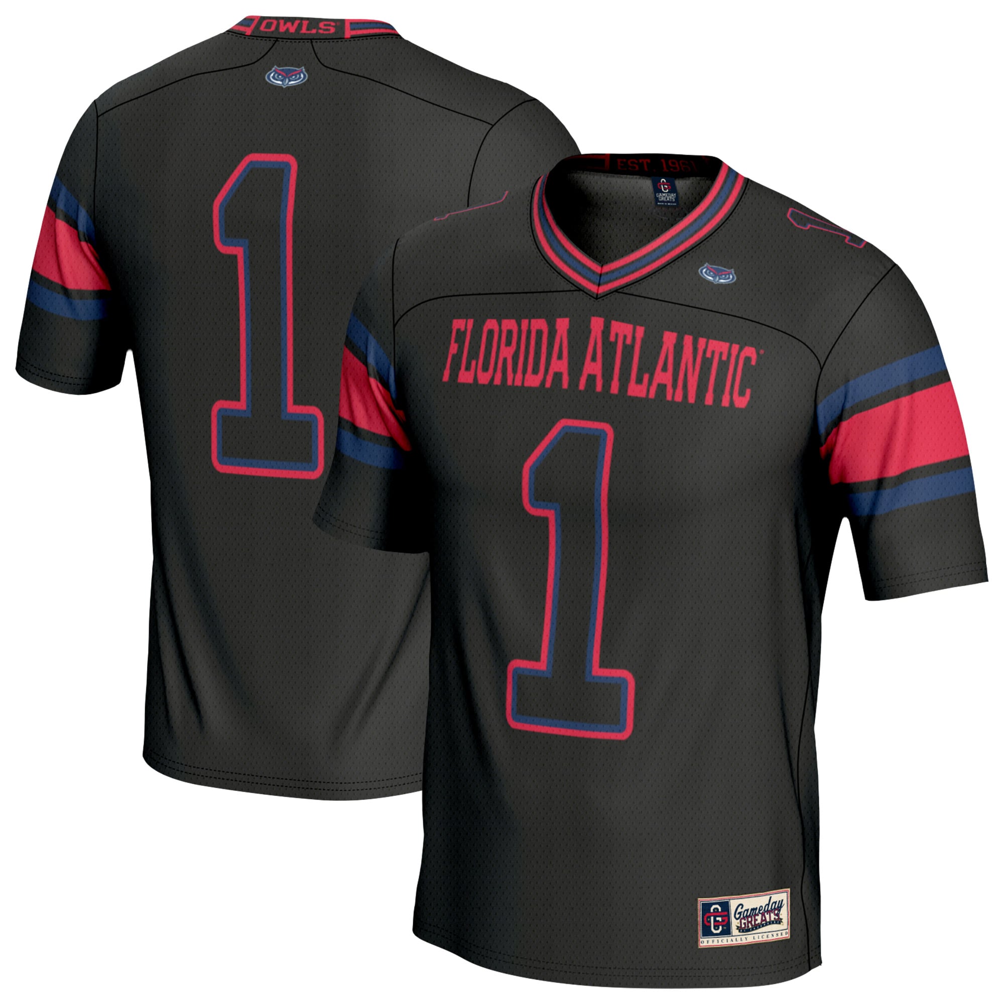 #1 Florida Atlantic Owls Youth Lightweight Football Jersey Black - front and back view