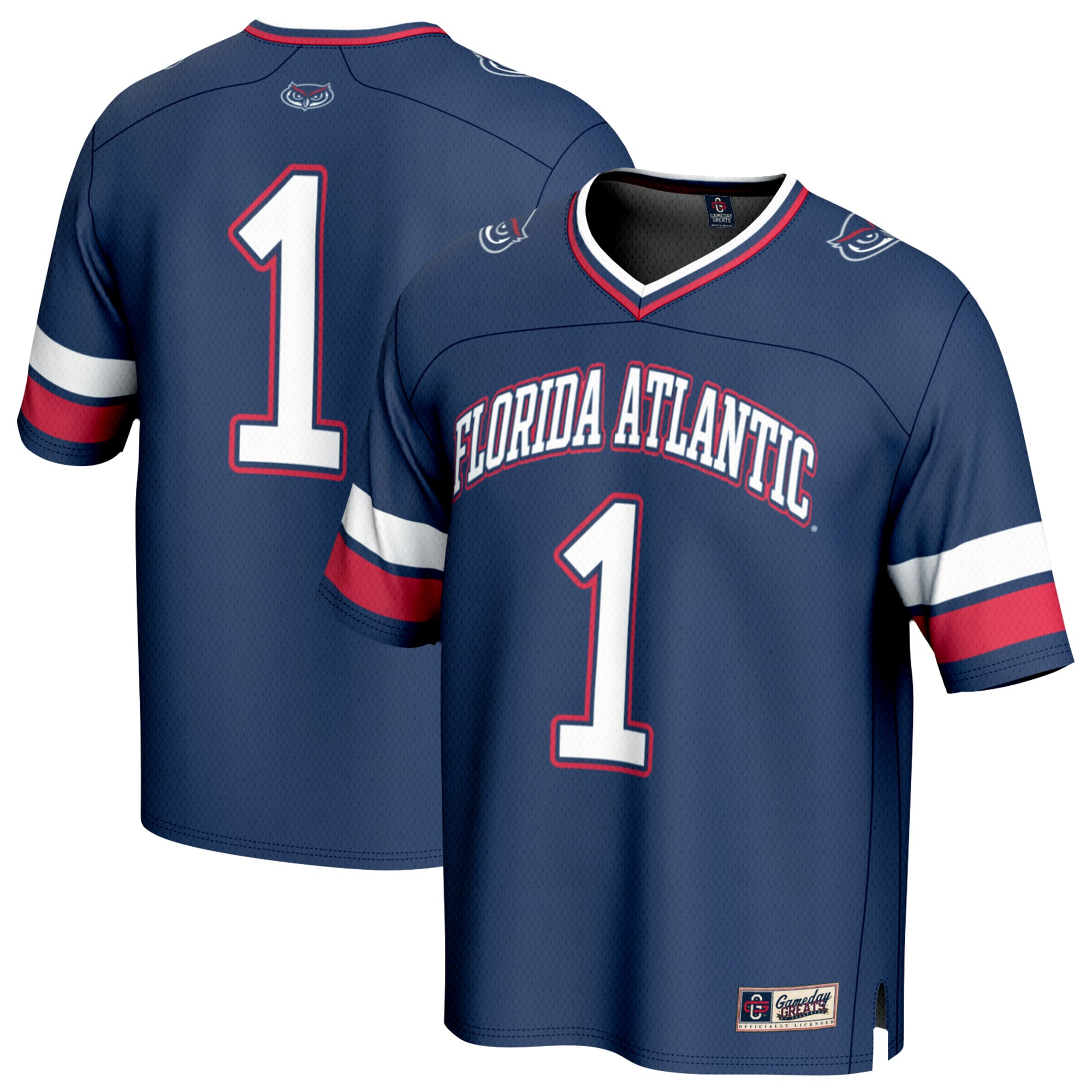 #1 Florida Atlantic Owls Youth Lightweight Football Jersey Navy - front and back view