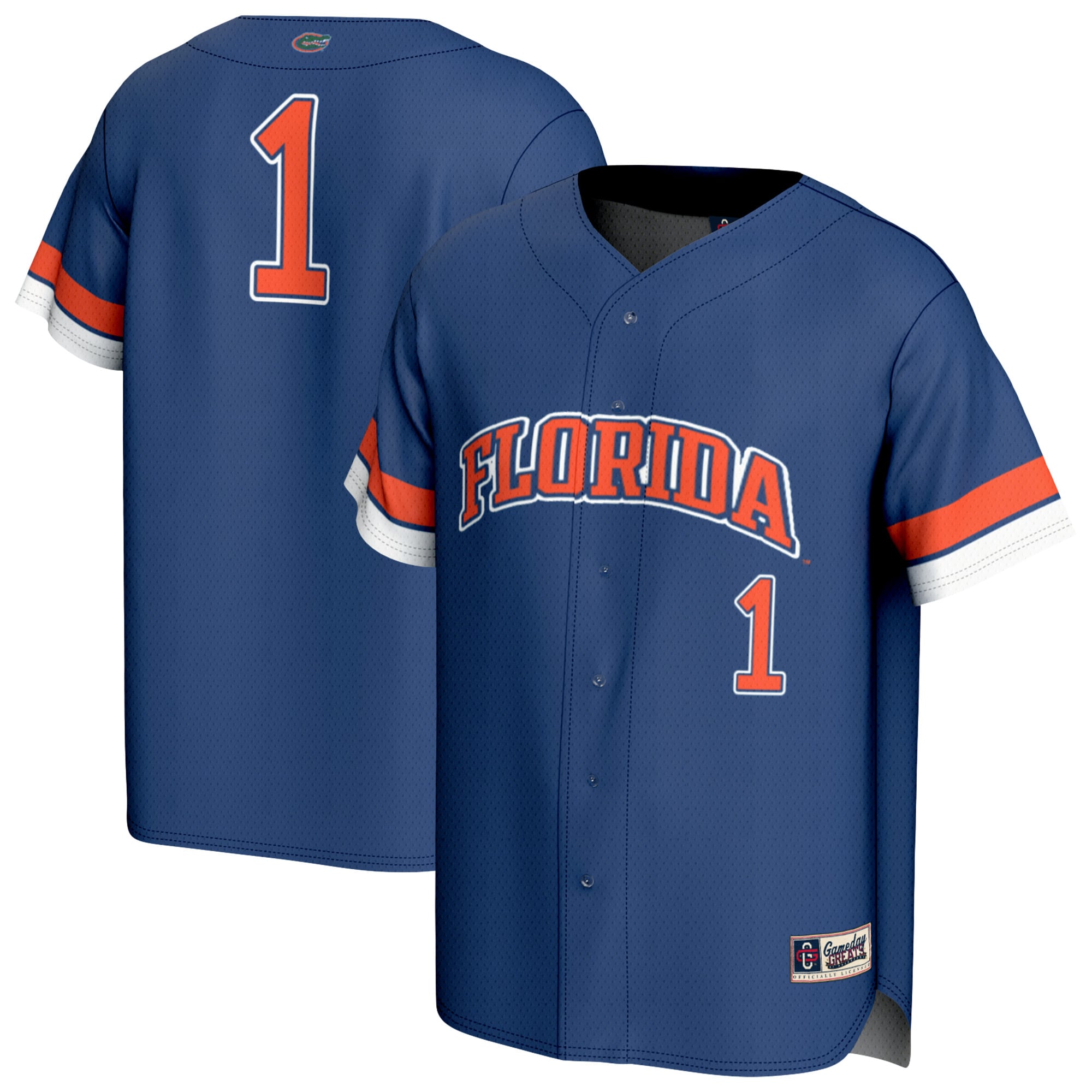 #1 Florida Gators Unisex Lightweight Collegiate Baseball Fashion Jersey Royal - front and back view