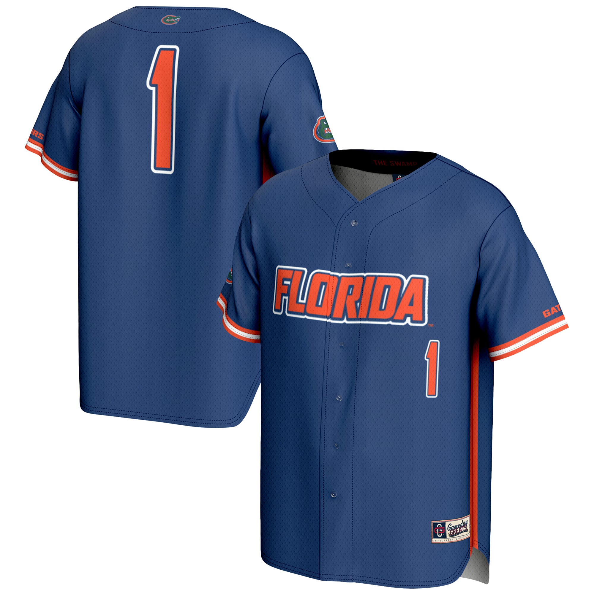 #1 Florida Gators Youth Lightweight Baseball Jersey Royal - front and back view
