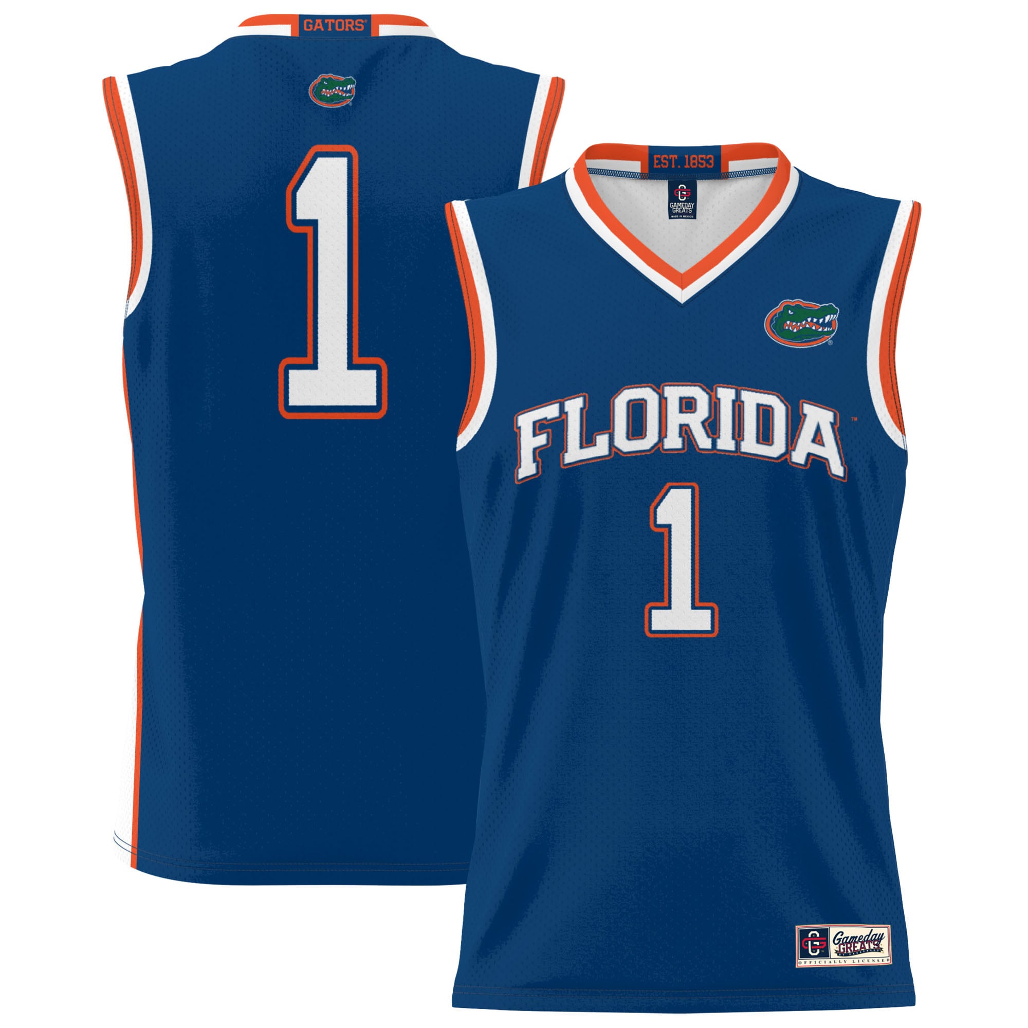 #1 Florida Gators Youth Lightweight Basketball Jersey Royal - front and back view